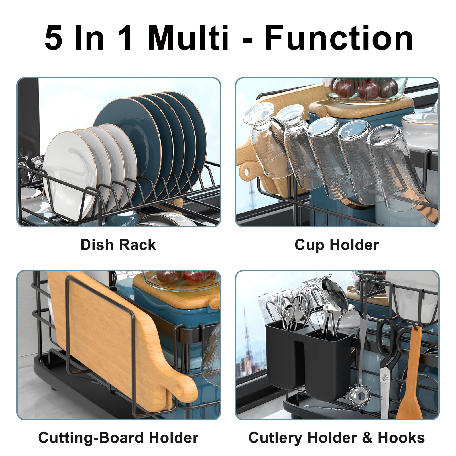 Aonee 2 Tier Dish Drying Rack With Drainboard, Cutlery Holder, Cutting-Board/ Cup Holder And 3 Hooks For Kitchen Counter, Rust-P