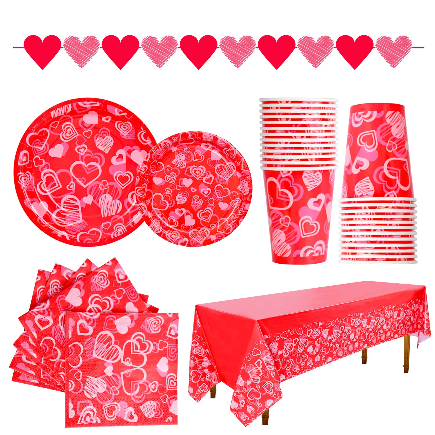 Gatherfun Valentine'S Day Party Supplies Hot Heart Love Disposable Paper Plates Napkins Cups Plastic Tablecloth With Banner For