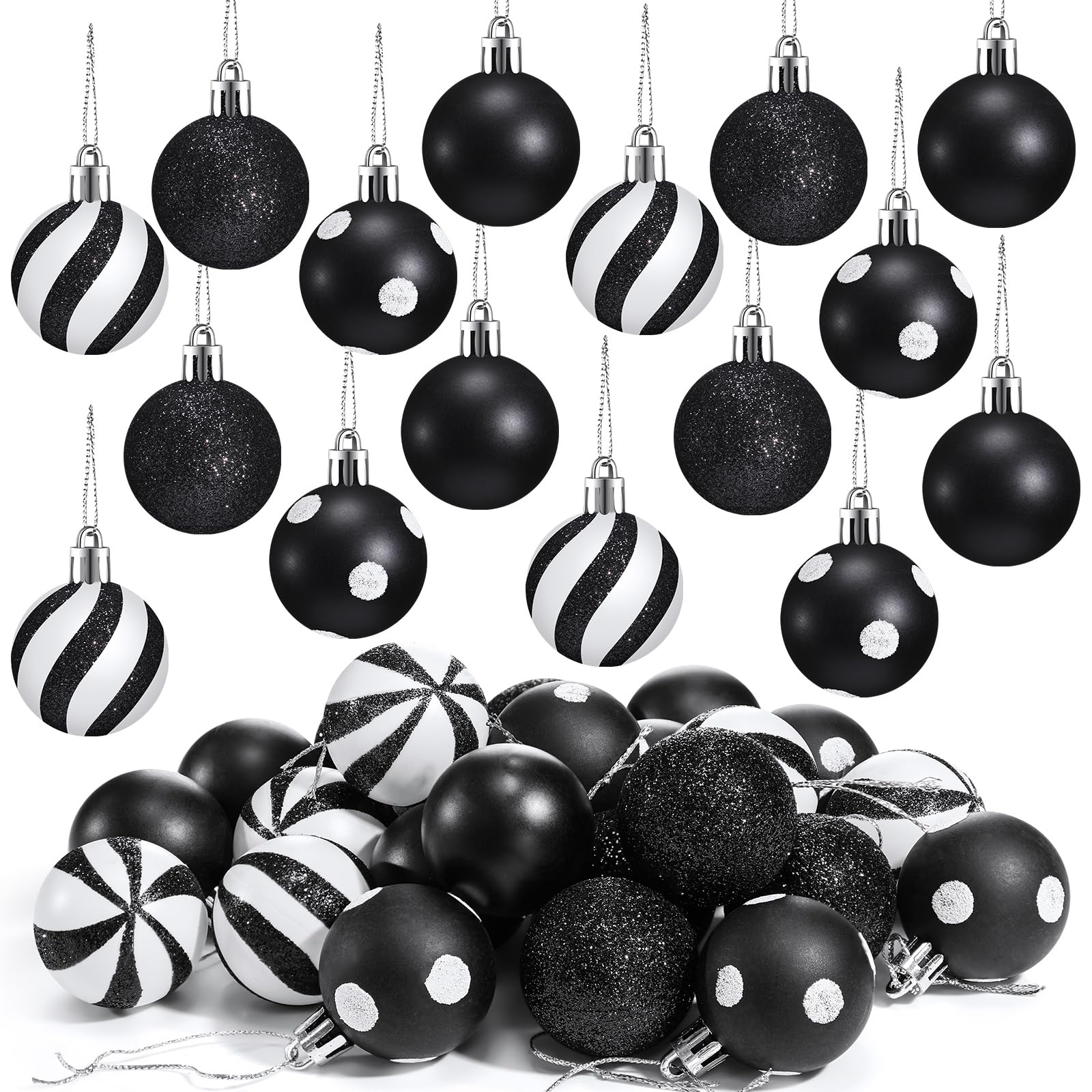 Motionchic 24 Pcs Christmas Black and White Ball Ornaments Hanging Glitter Shatterproof Balls Mini Plastic Christmas Tree Stripe