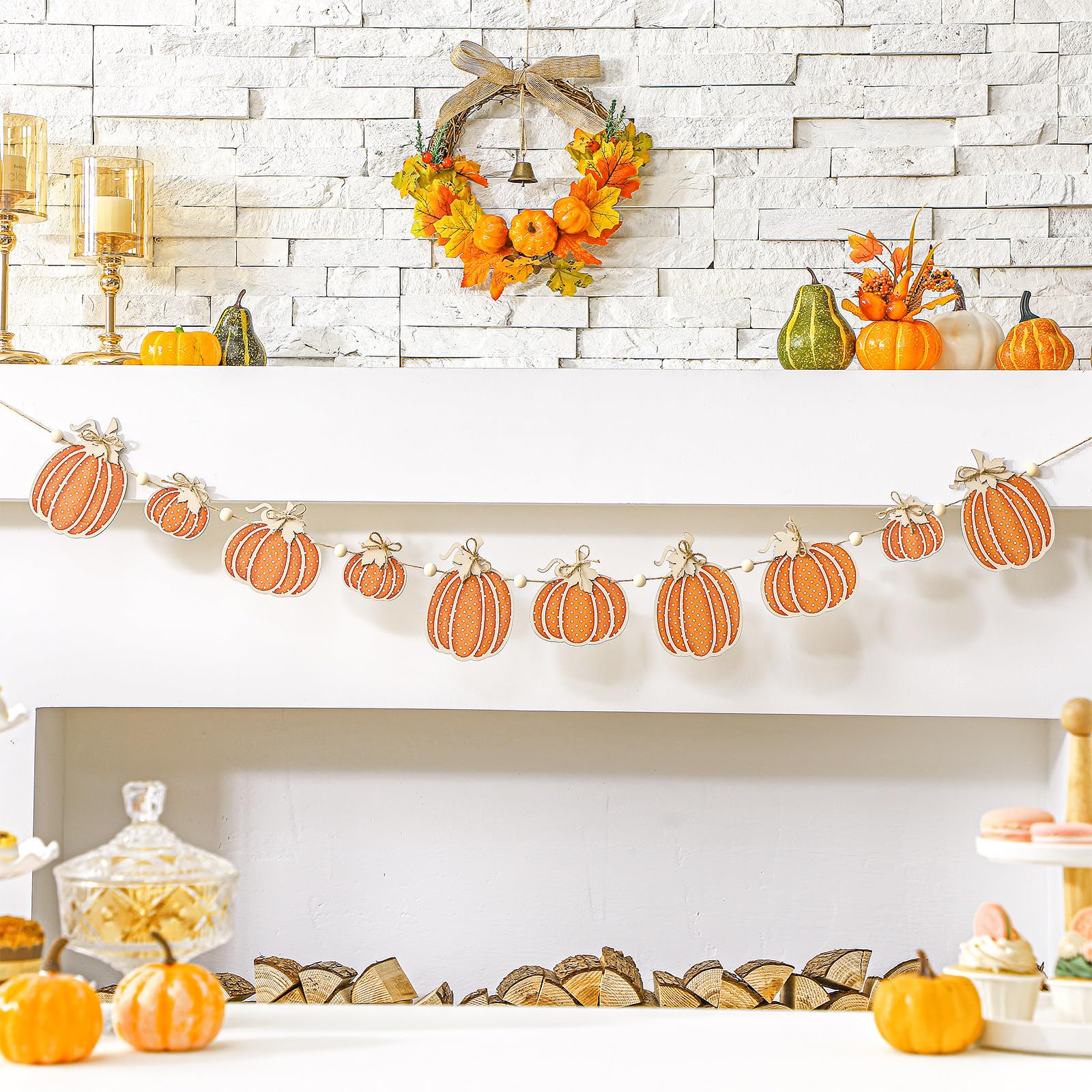 Cinnvoice 8.2 ft Fall Decorations Wooden Polka Dot Pumpkin Garland Thanksgiving Fall Banner Rustic Farmhouse Wood Bead Garland H