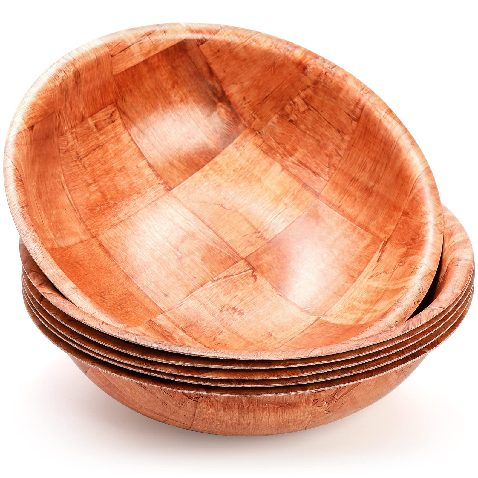 Elsjoy 6 Pack 10 Inch Wooden Woven Salad Bowl, Unbreakable Wood Round Serving Bowl Large Wood Salad Bowl, Reusable Wood Snack Bo