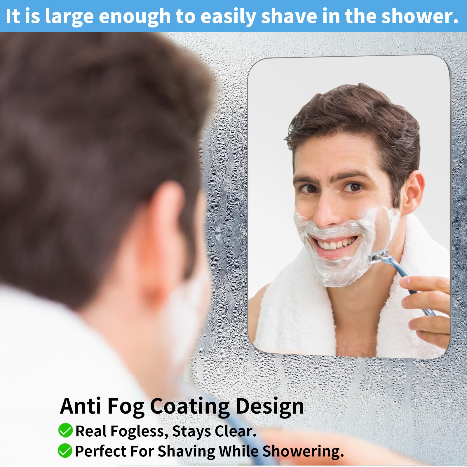 Euaiaj Shower Mirror Fogless Shaving Large(10.2X7.8In) - Includes 2 Razor Holders & 2 Mirror Holders, Unbreakable & Easy Install