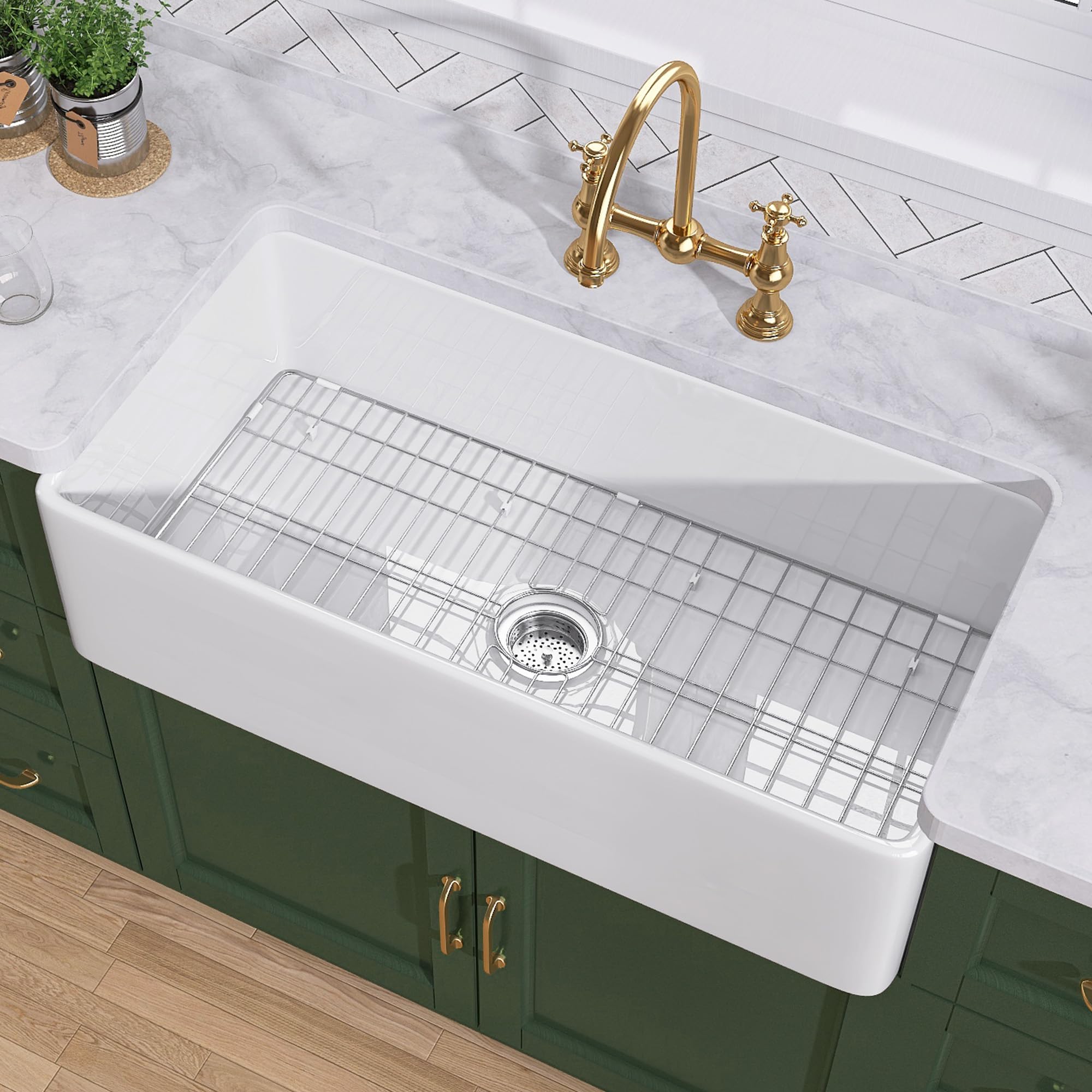 Tuktuk White Farmhouse Sink 33 Inch Fireclay Apron Front Single Bowl Kitchen Sink Deep Drop In Farm Sink Undermount With Modern