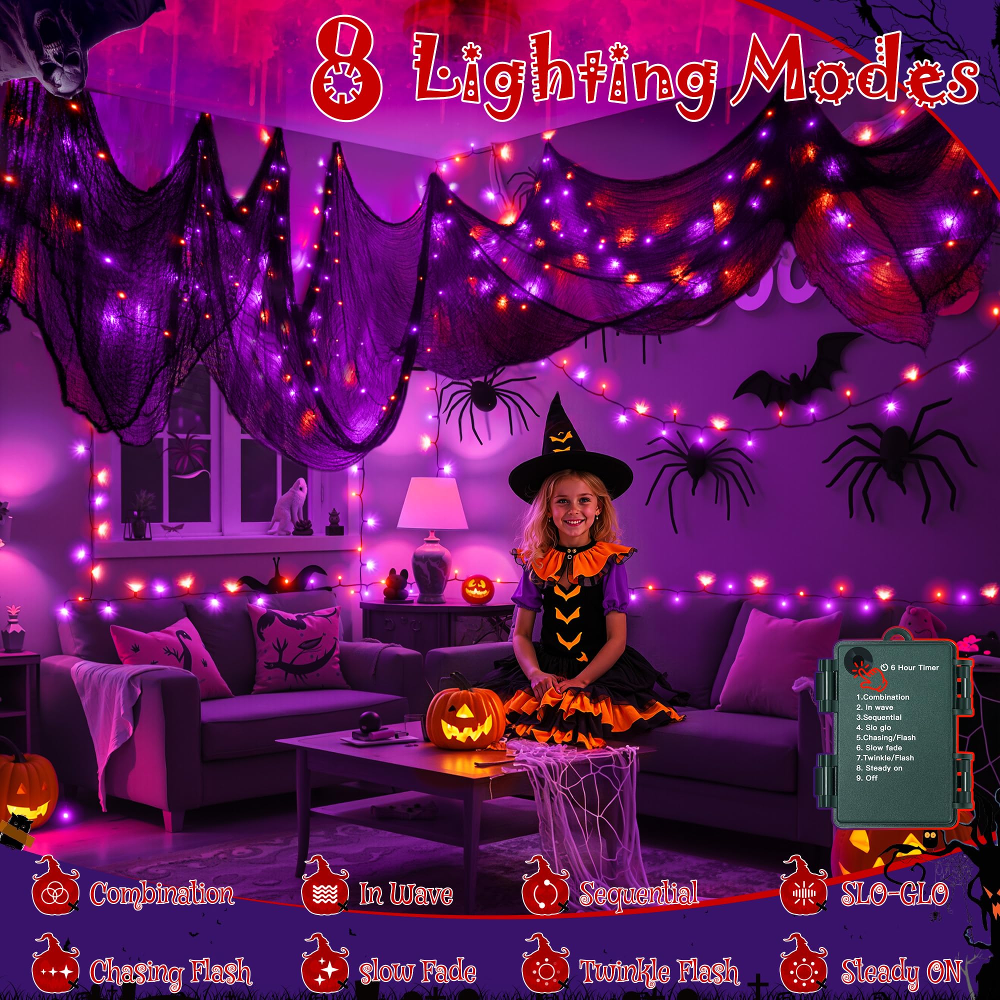 Ollny Halloween Lights 150LED 49FT, Orange and Purple String Lights with Creepy Cloth(315 x 85 in), Battery Operated Fairy Light
