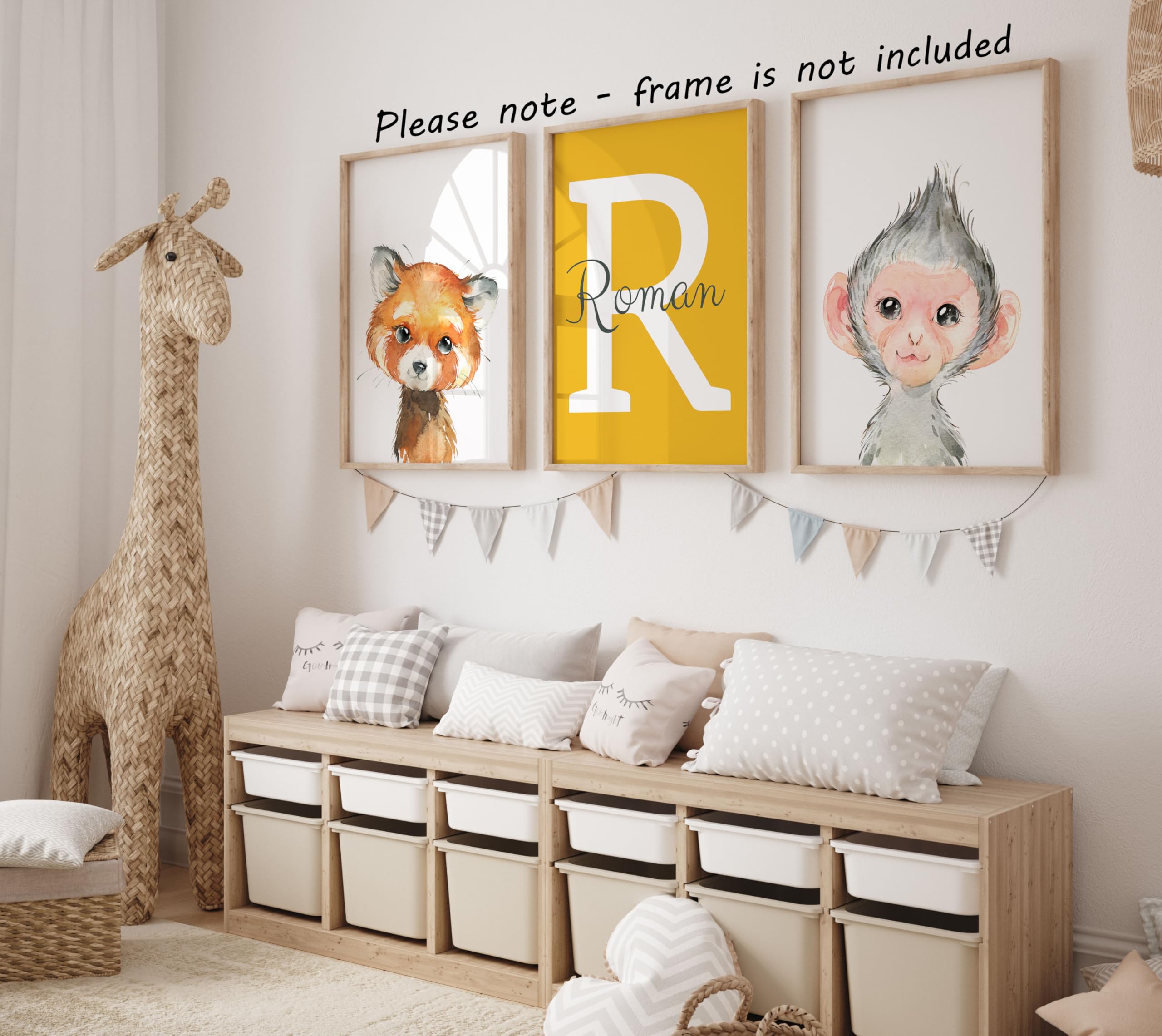 Personalized Safari Animals for Boy Girl Nursery  Set of 3 Unframed Bedroom Poster Prints  Personalized Name Blue Green Yellow  Giraffe Elephant Lion Panda (12x16)