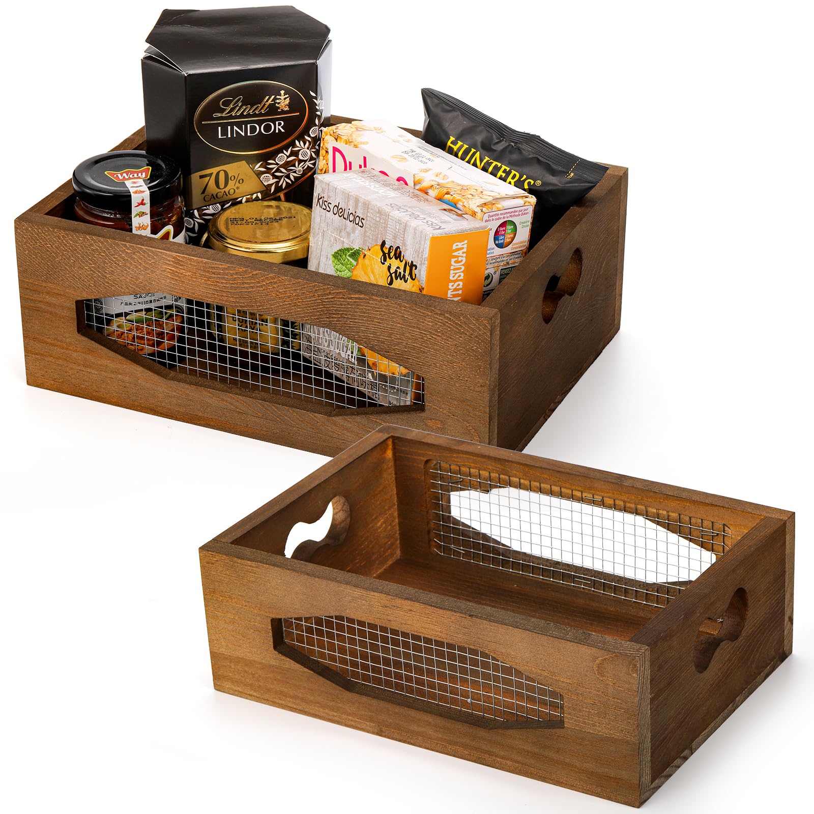 Okllen Set Of 2 Wooden Nesting Countertop Baskets, Decorative Wood Storage Box Farmhouse Rustic Crate With Cutout Handles For Br