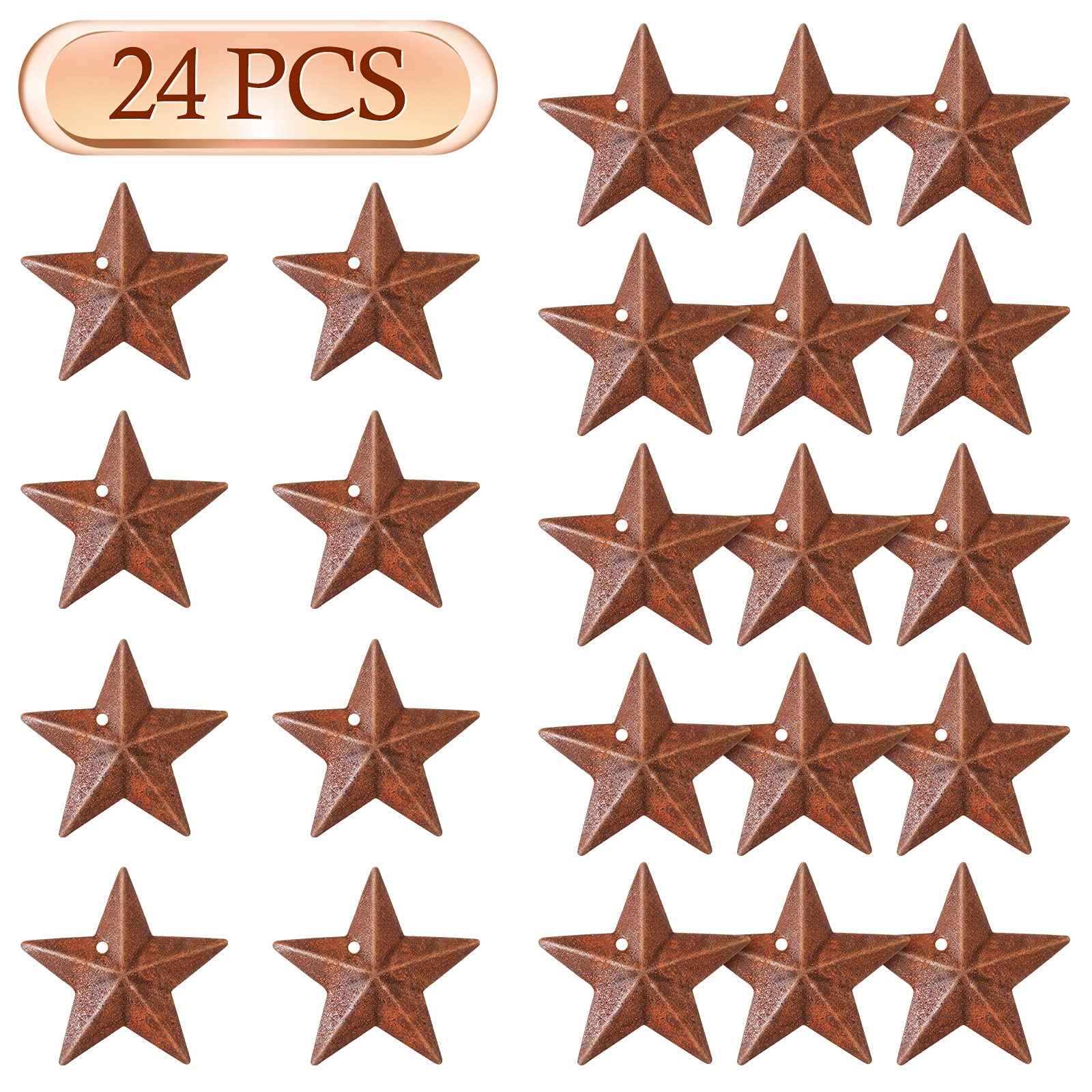 Hotop 24 Pieces Metal Rusty Barn Star for Crafts with Holes 1.18 Inch Antique Primitives Rustic Country Star Craft Ornaments 3D