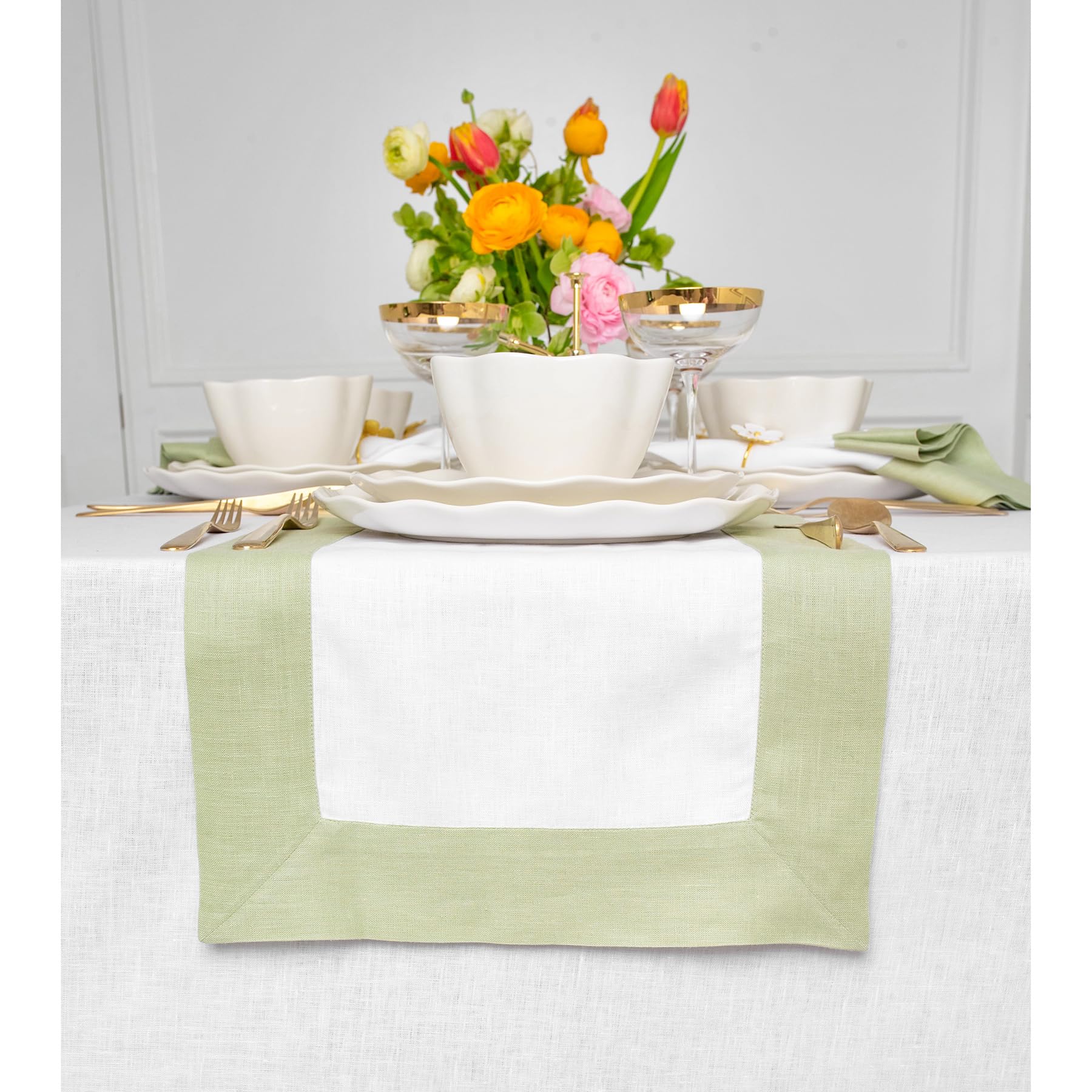 Solino Home Linen Table Runner 72 Inches Long - Contempo, 100% Pure Linen Sage Green And White Table Runner 14 X 72 Inch Ideal F