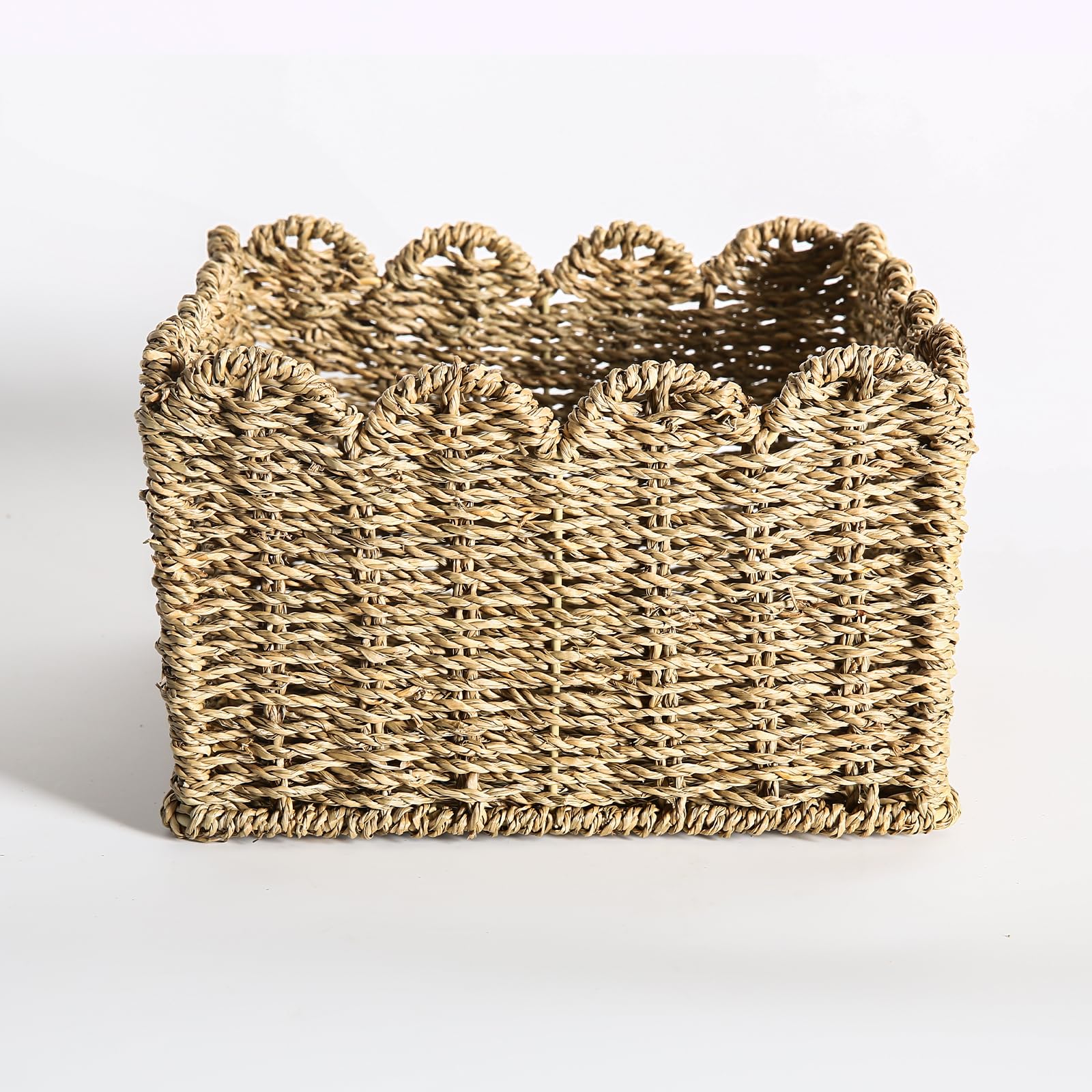 Scalloped Edge Basket, Wicker Storage Baskets, Hand Woven Baskets For Shelves,Natural Baskets For Organizing (Seagrass(S-9.5'' L