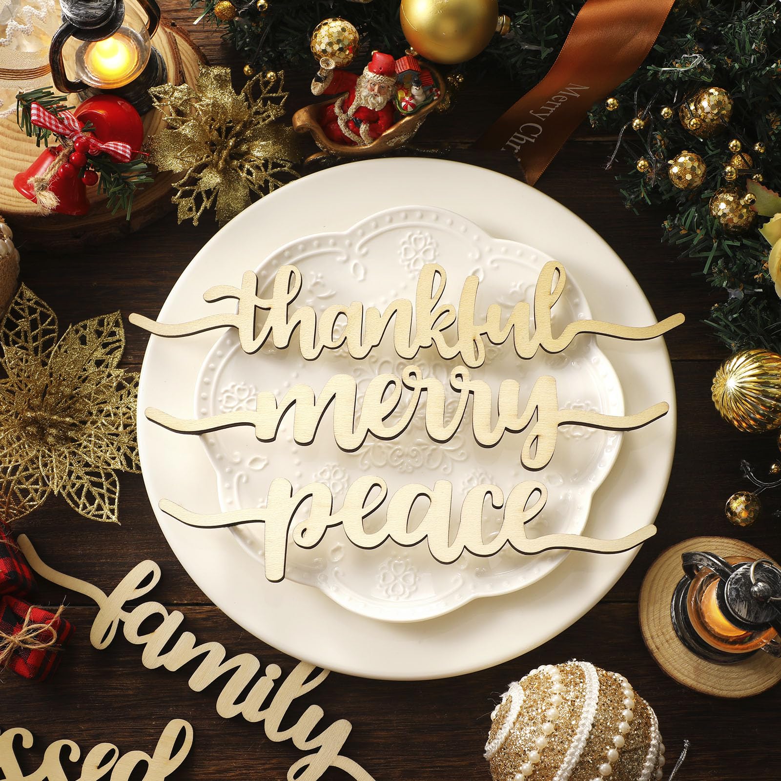 12 Pieces Christmas Thankful Blessed Merry Joyful Peace Family Wood Cutout Rustic Thankful Plate Letter Sign Decor Inspirational