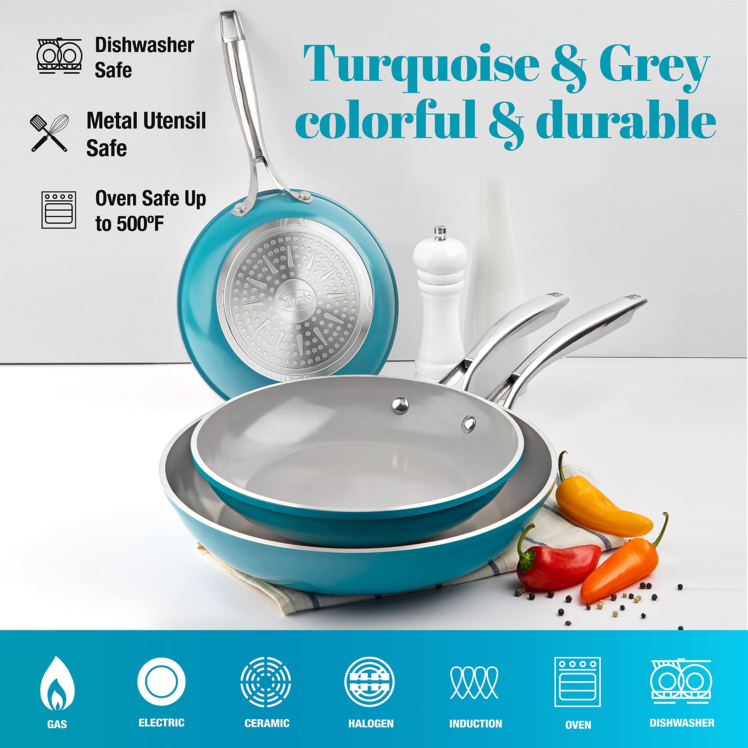 GOTHAM STEEL Ocean Cookware, 3 Piece Set, Aqua Blue