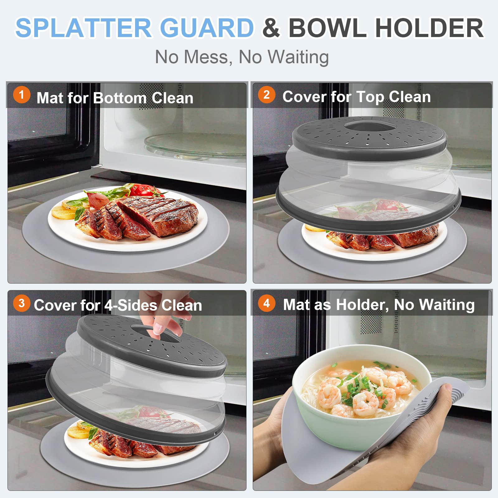 Lekdrok 10 Inch Microwave Food Cover & Collapsible Silicone Mat - Splatter Guard, Plate Holder & Kitchen Colander For Meal Prep,