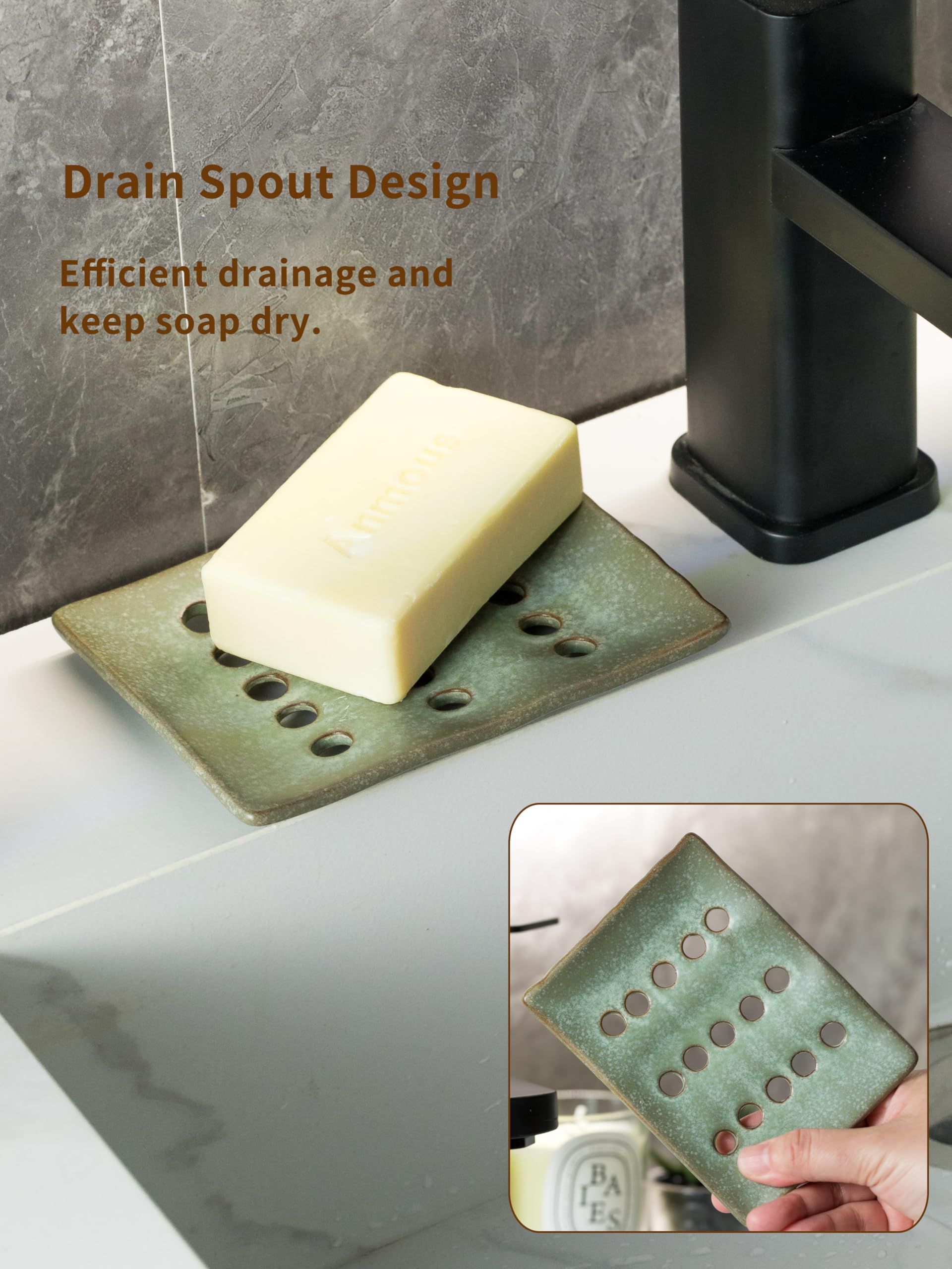 Cormomu Soap Dish For Shower, Ceramic Soap Holder With Self Drain, Soap Saver To Lift Soap Keep Dry, Soap Dishes With Concave De
