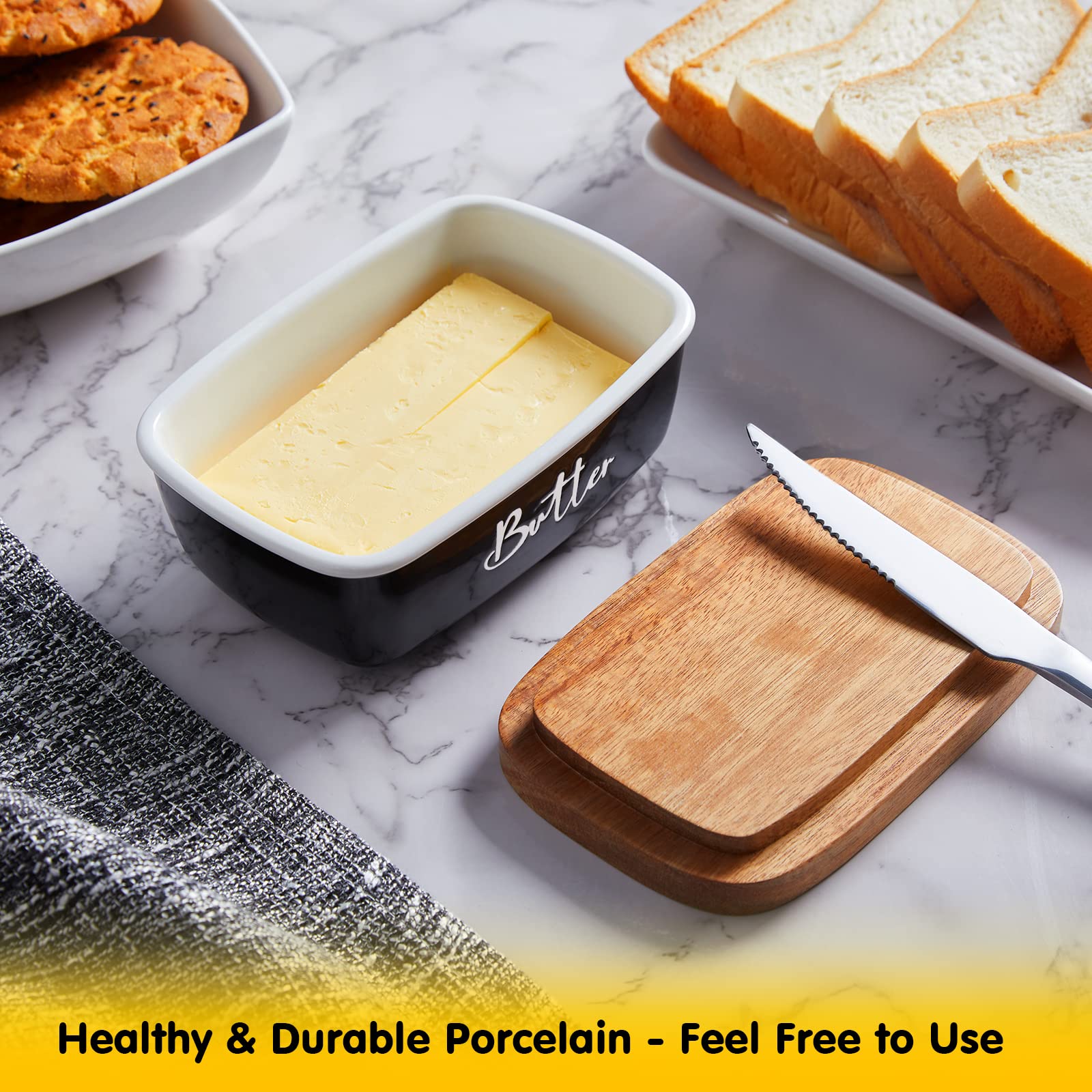 Black Butter Dish, Alelion Large Ceramic Butter Dish With Lid For Countertop, Butter Keeper Container With Acacia Wooden Lid, Ki