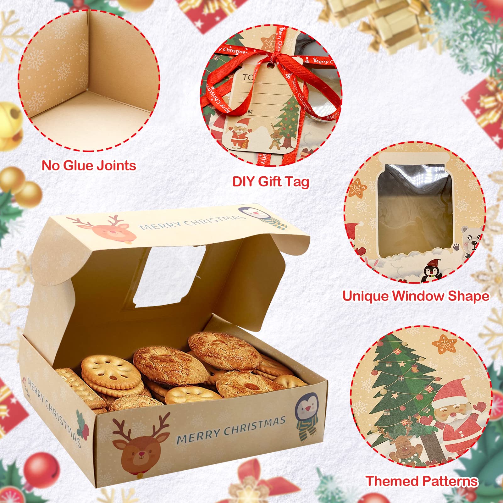 12 Packs Christmas Cookie Boxes With Window,Bakery Treat Boxes Gift Baking Box Christmas Kraft Gift Boxes With Ribbons And Diy G