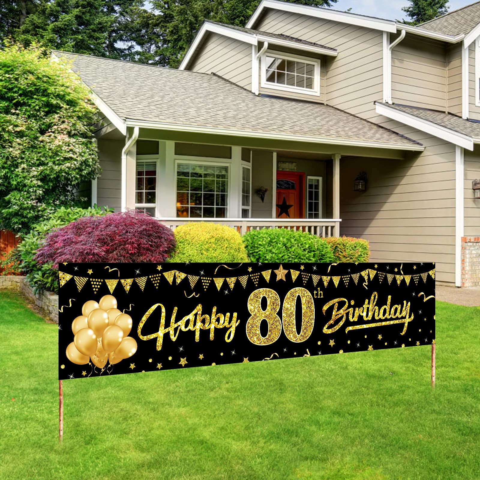 Happy 80Th Birthday Banner Decorations For Women Men, Black Gold 80 Birthday Sign Party Supplies, 80 Year Old Birthday Backdrop