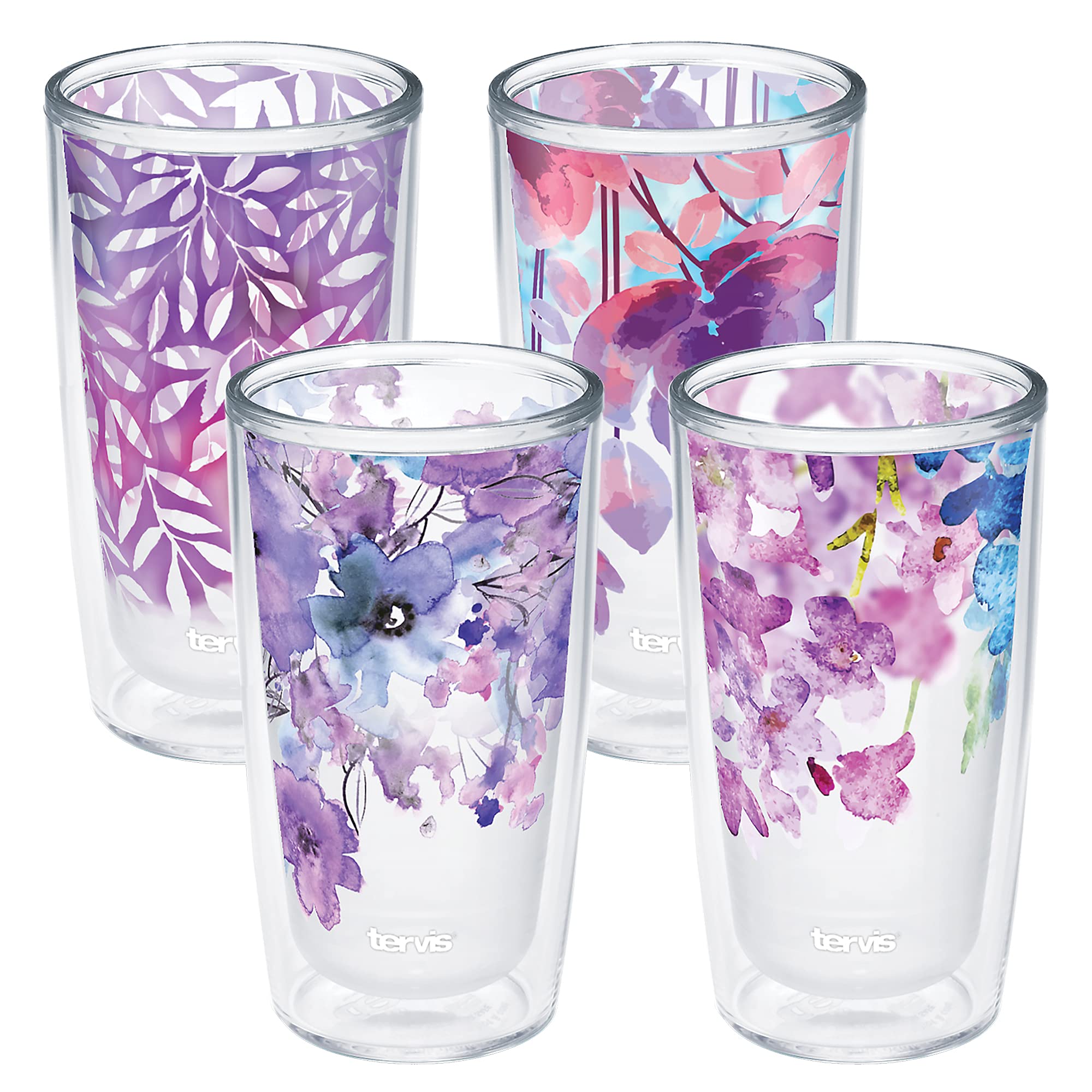 Tervis Made in USA Double Walled Watercolor Floral Purple  Crystal Insulated Tumbler Cup Keeps Drinks Cold & Hot, 16oz  4pk, A