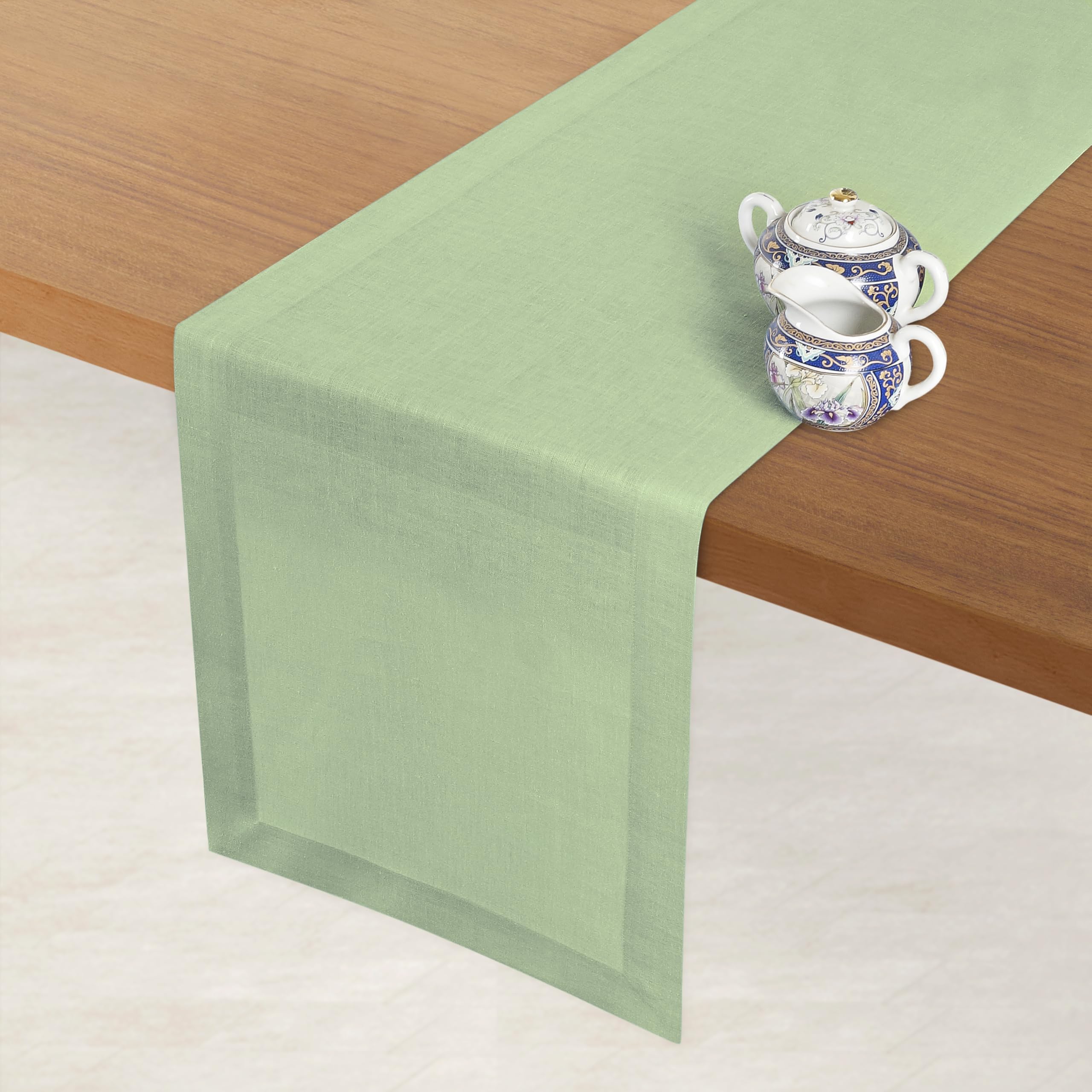 Dmoksha Homes Linen Table Runner - 14 X 132 Inch Sage Green, 100 Pure Linen Hemmed Table Runners 132 Inches Long, Machine Washab