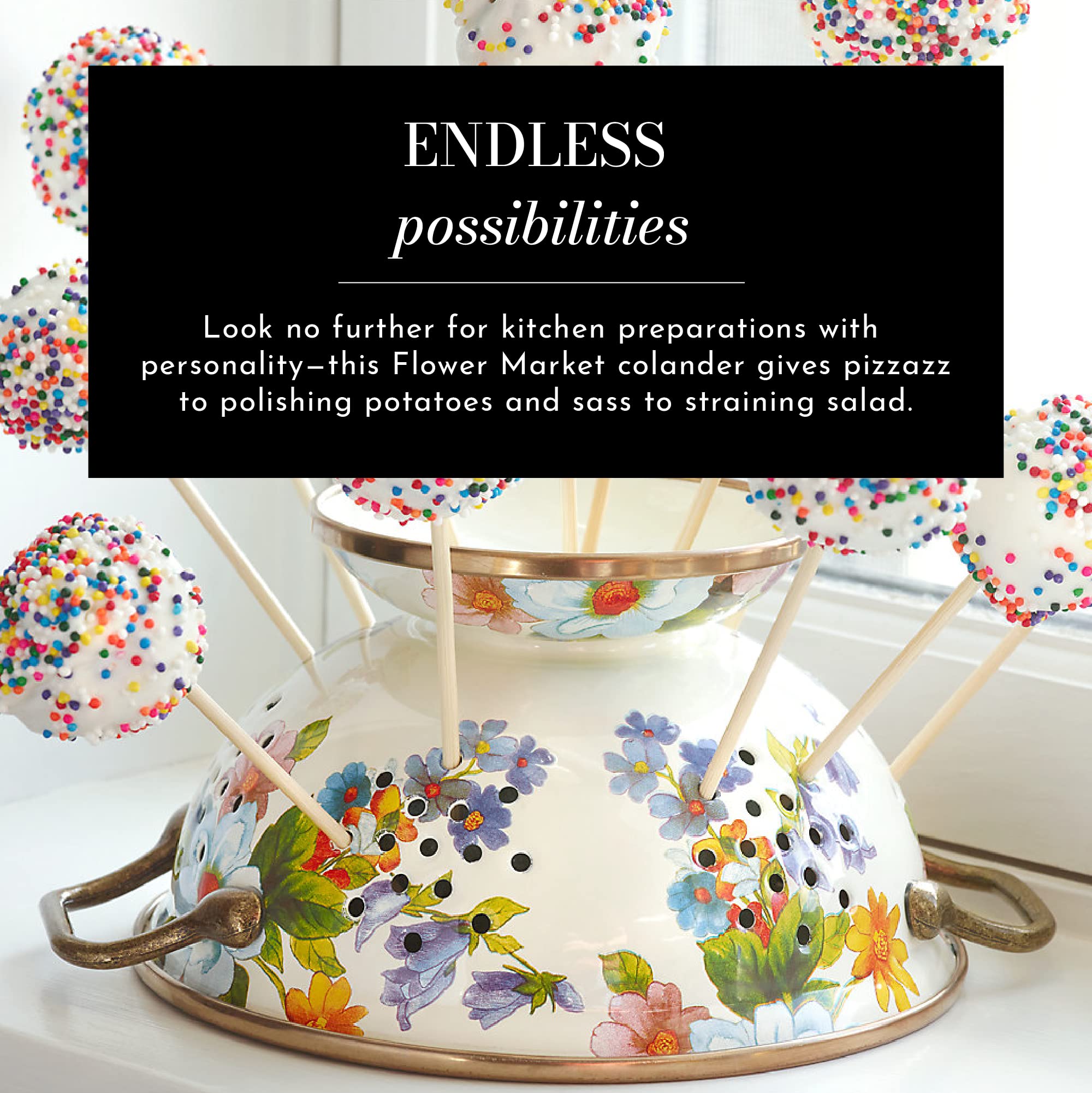Mackenzie-Childs Enamel Colander, Decorative Kitchen Strainer, Cute Enamel Cookware, Small, White Flower Market