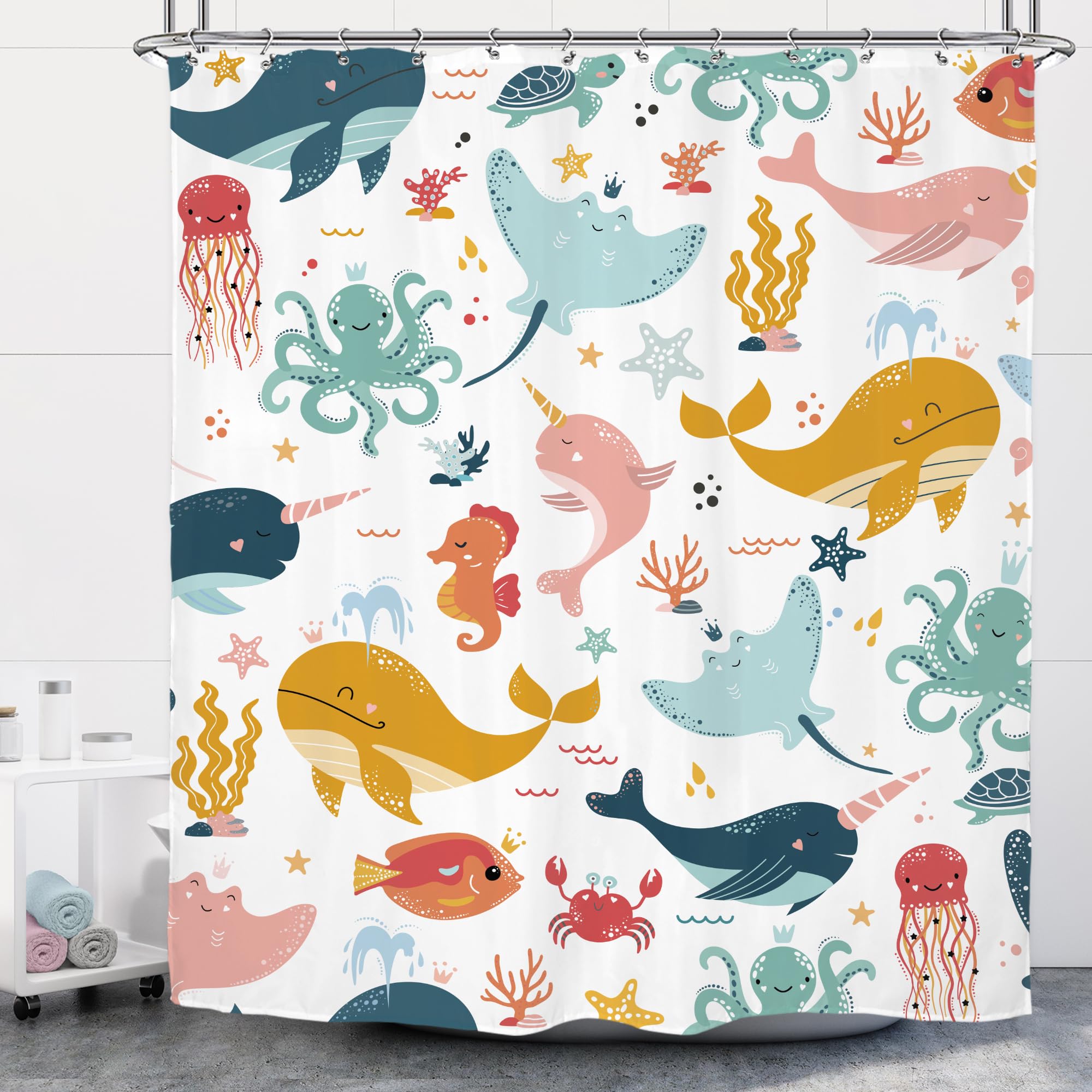 Riyidecor Funny Whale Kids Shower Curtain 72Wx72H Inch Cartoon Dolphin Curtains Cute Marine Animal Ocean Fish Underwater Sealife