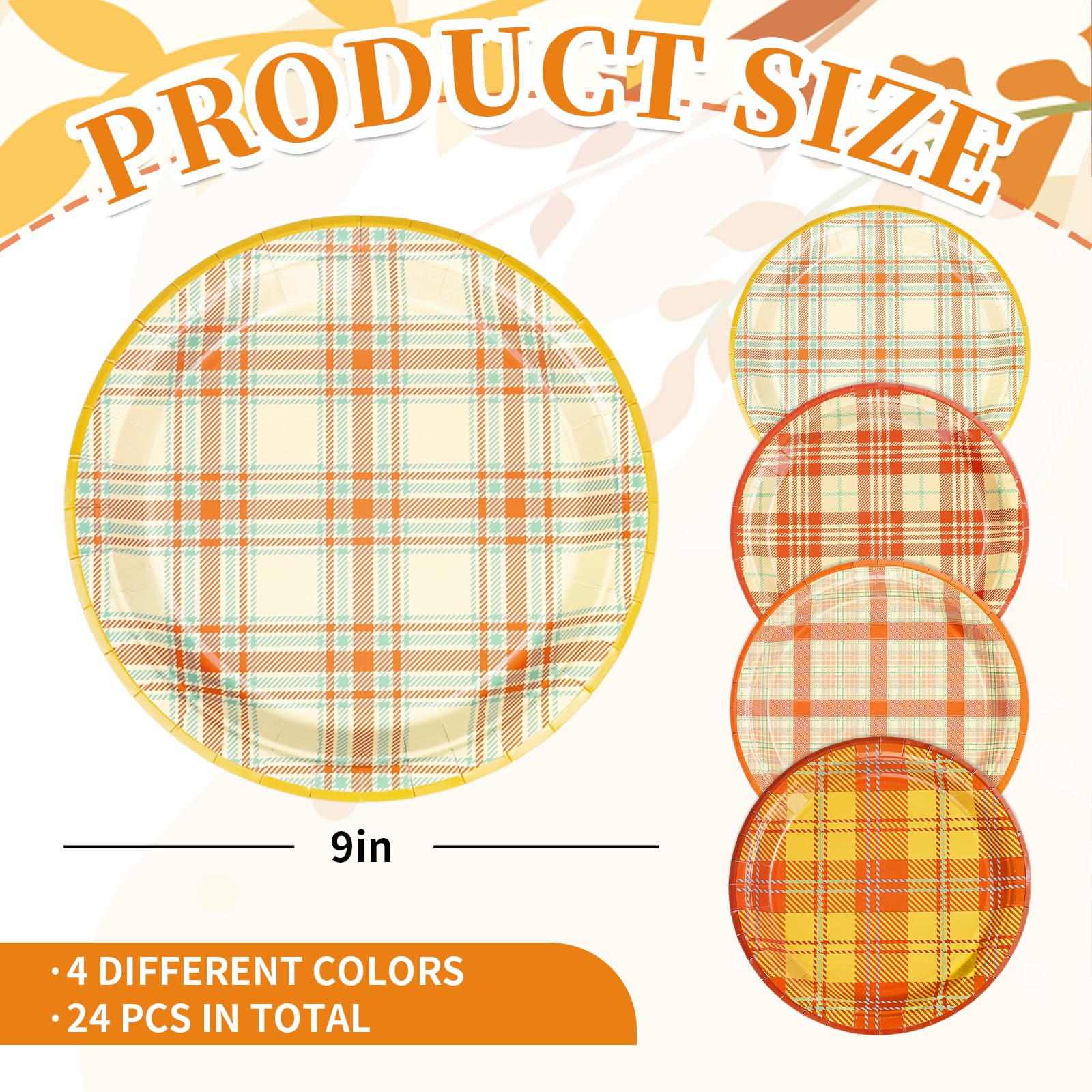 Whaline Fall Plaid Paper Plates Orange Yellow Autumn Gingham Disposable Plates 9 Inch Thanksgiving Party Tableware for Wedding B