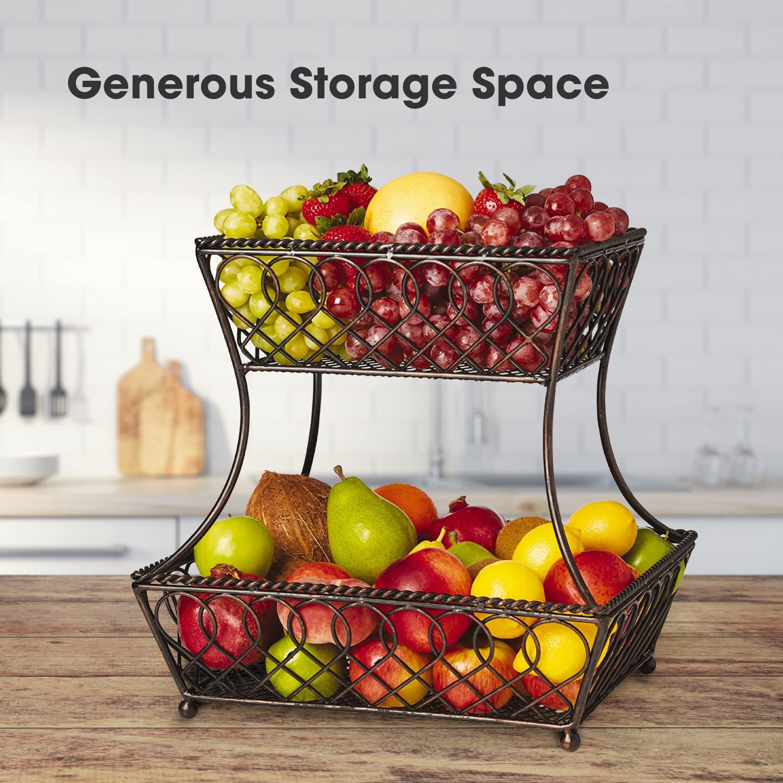 Gourmet Basics By Mikasa 5201553 Loop And Lattice 2-Tier Round Metal Countertop Basket, Antique Black, 14-Inch