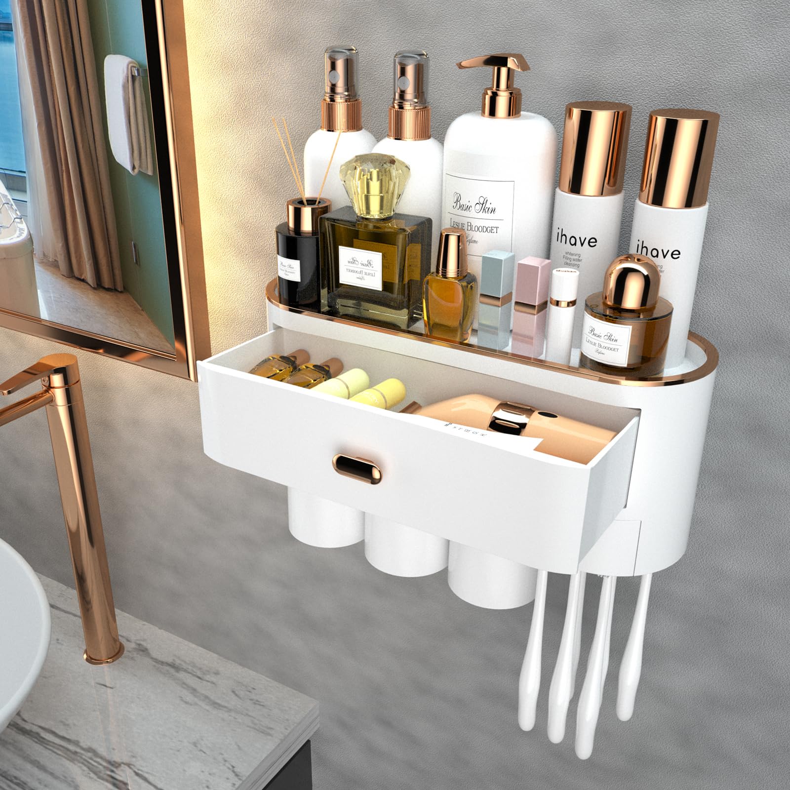 Ihave Toothbrush Holders For Bathrooms, 3 Cups Toothbrush Holder Wall Mounted With Large Capacity Drawer And Tray - Bathroom Org