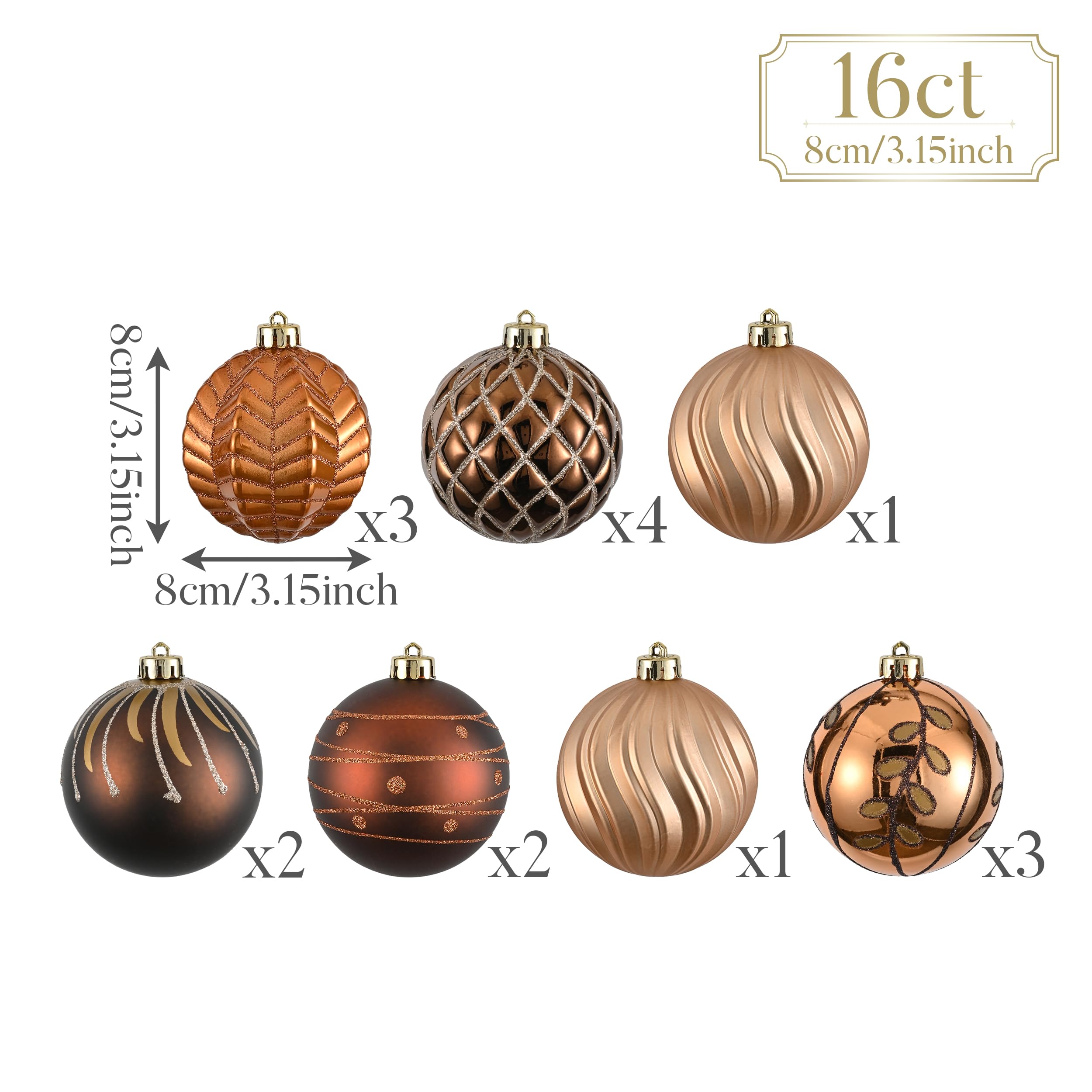 Valery Madelyn Christmas Ornaments Set, 16ct Bronze Copper and Gold Shatterproof Christmas Tree Decorations Ball Ornaments Bulk,