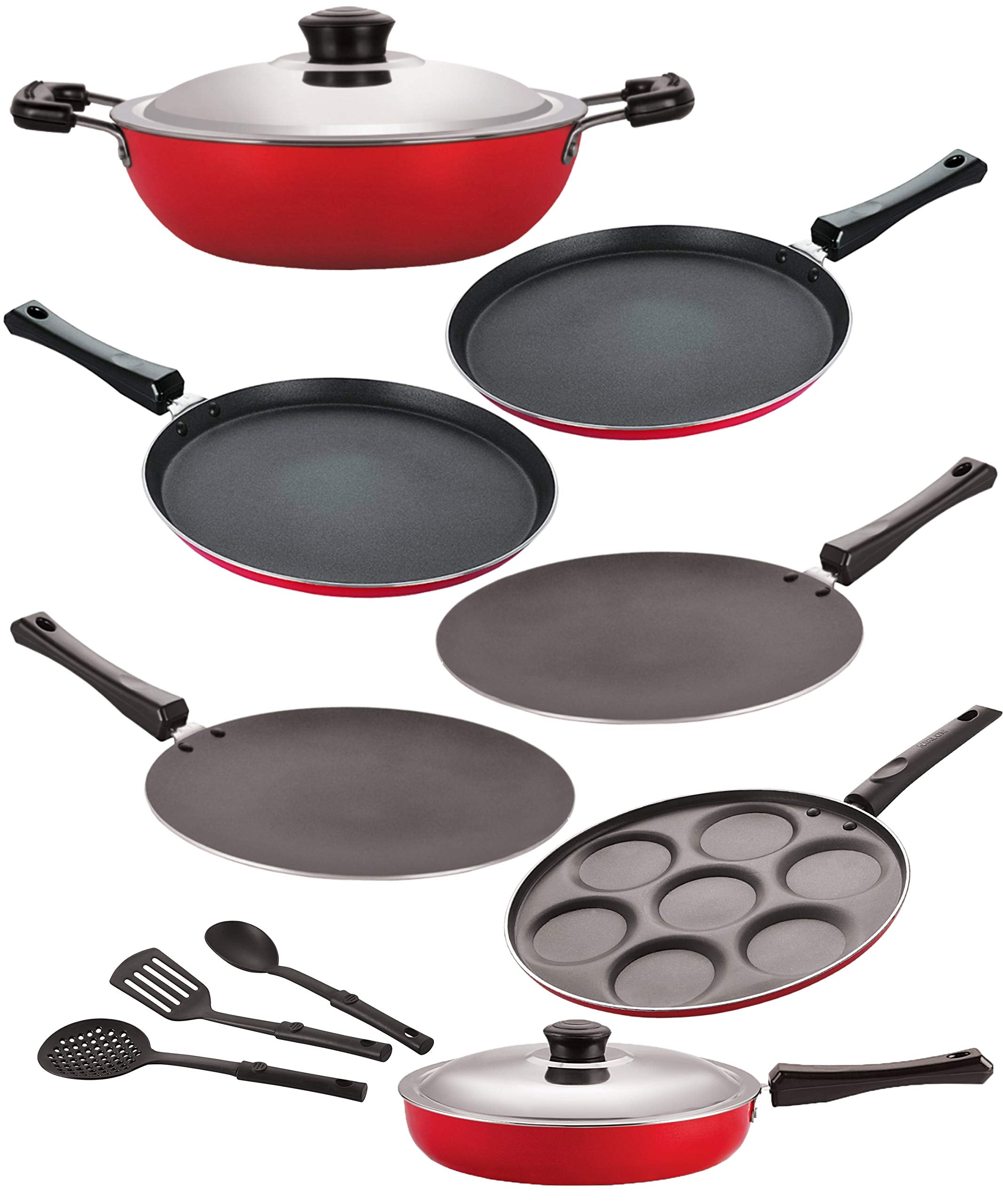 Nirlon Non Stick Aluminium Kitchenware Item Cookware Set Of10 Pieces (2.6Mm_Dkd(J)_Ft12_Ft13_Ct11_Ct12_Fp11_Up7_3Spoon)