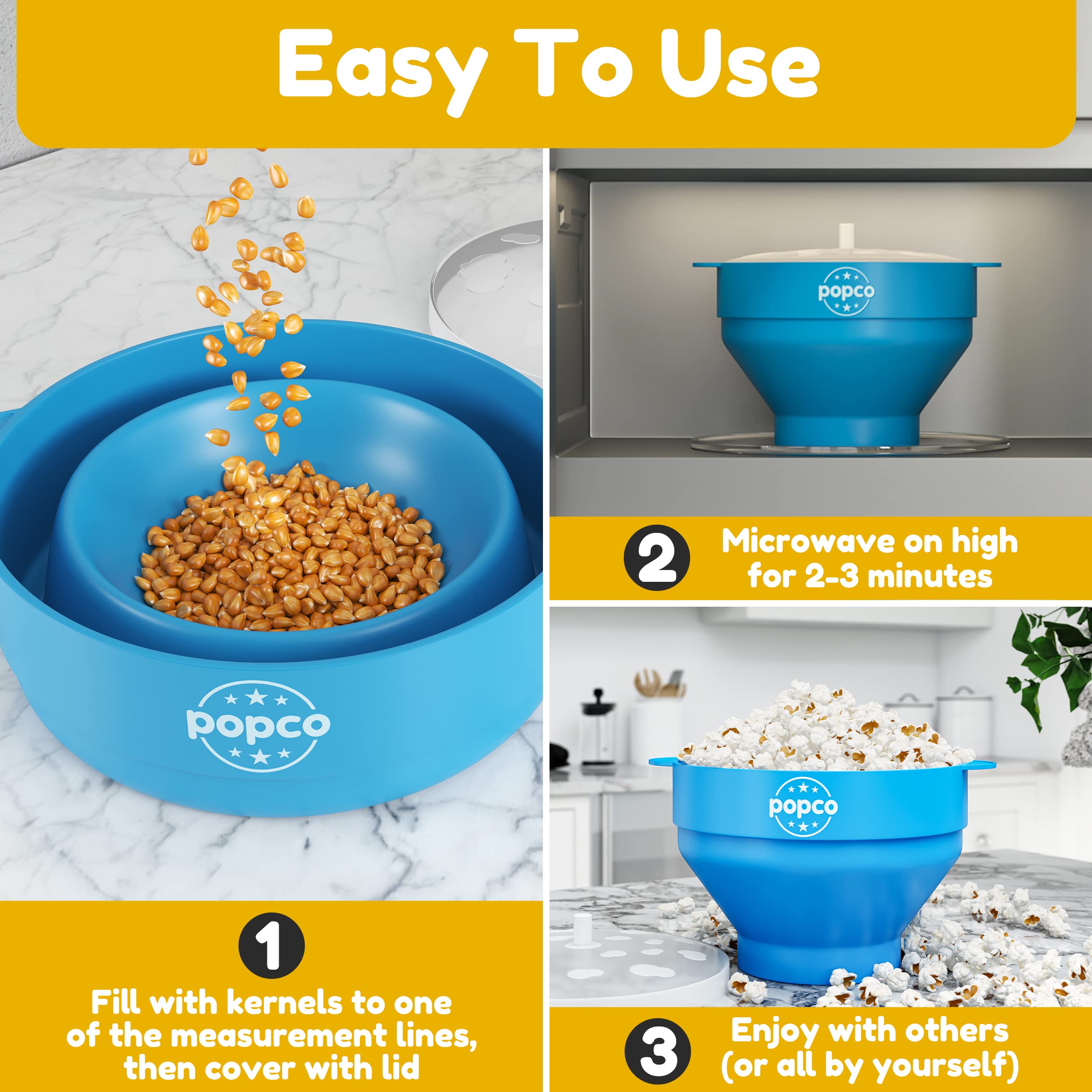 The Original Popco Silicone Popcorn Microwave Popper With Handles - Microwave Popcorn Bowl - Popcorn Maker - Collapsible Popcorn