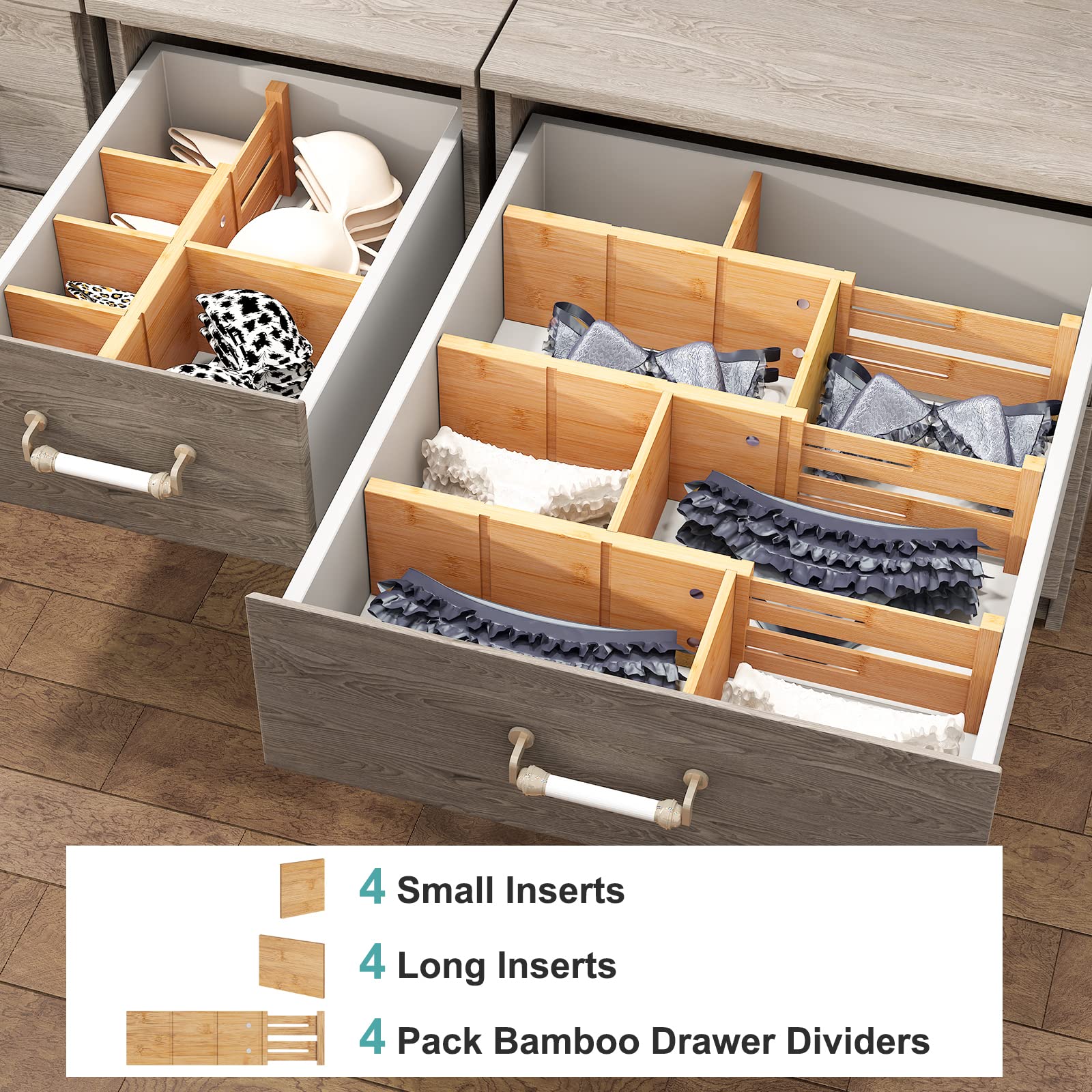 Vriccc 4.4'' High Drawer Dividers with Inserts, Bamboo Drawer Dividers for Clothes, Expandable from 12-17.5'', Adjustable drawer