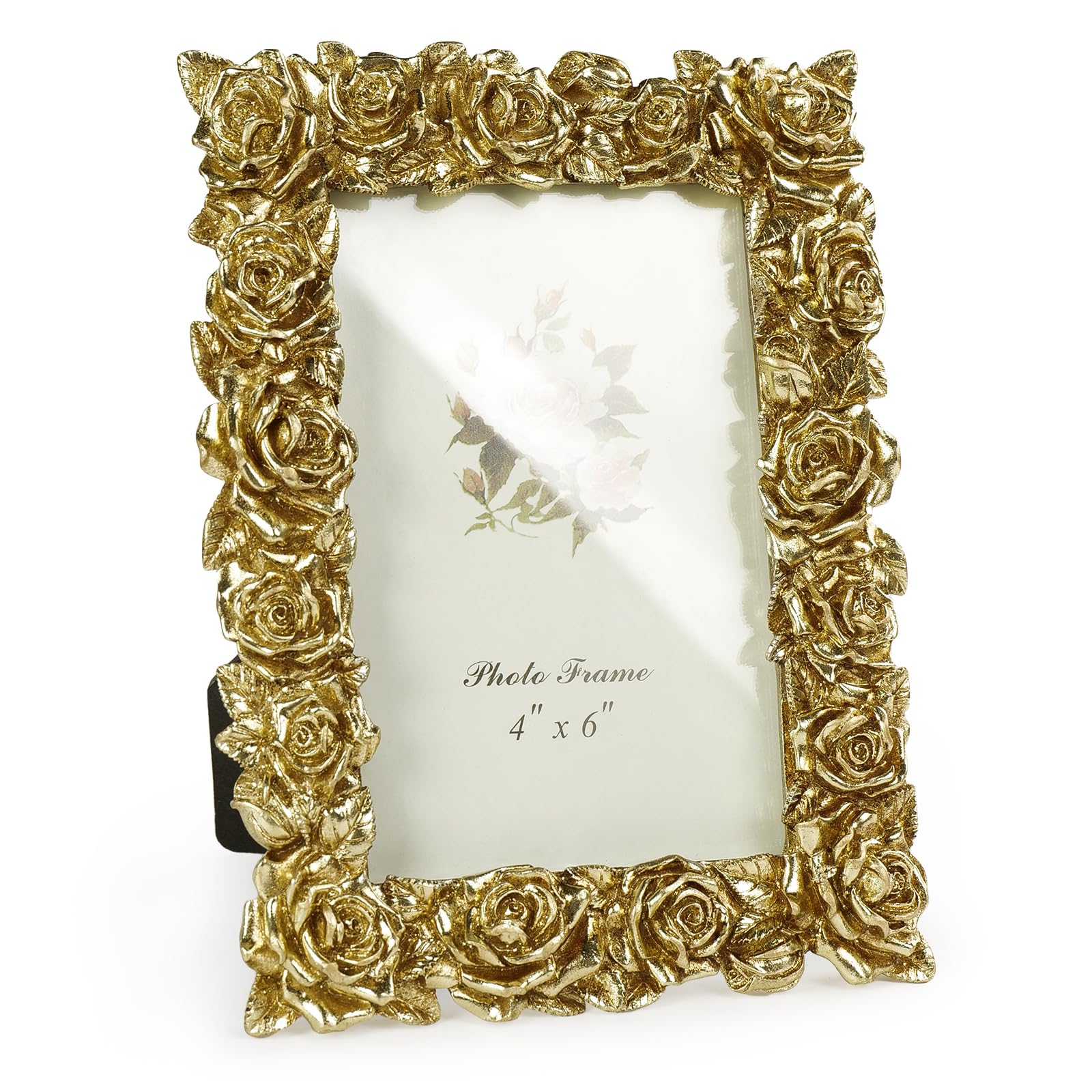 VAN GOGH ART Vintage Gold 4x6 Picture Frame, Gold Ornate Rose Flower Resin Photo Frame with Glass Front for Tabletop, Antique Pi