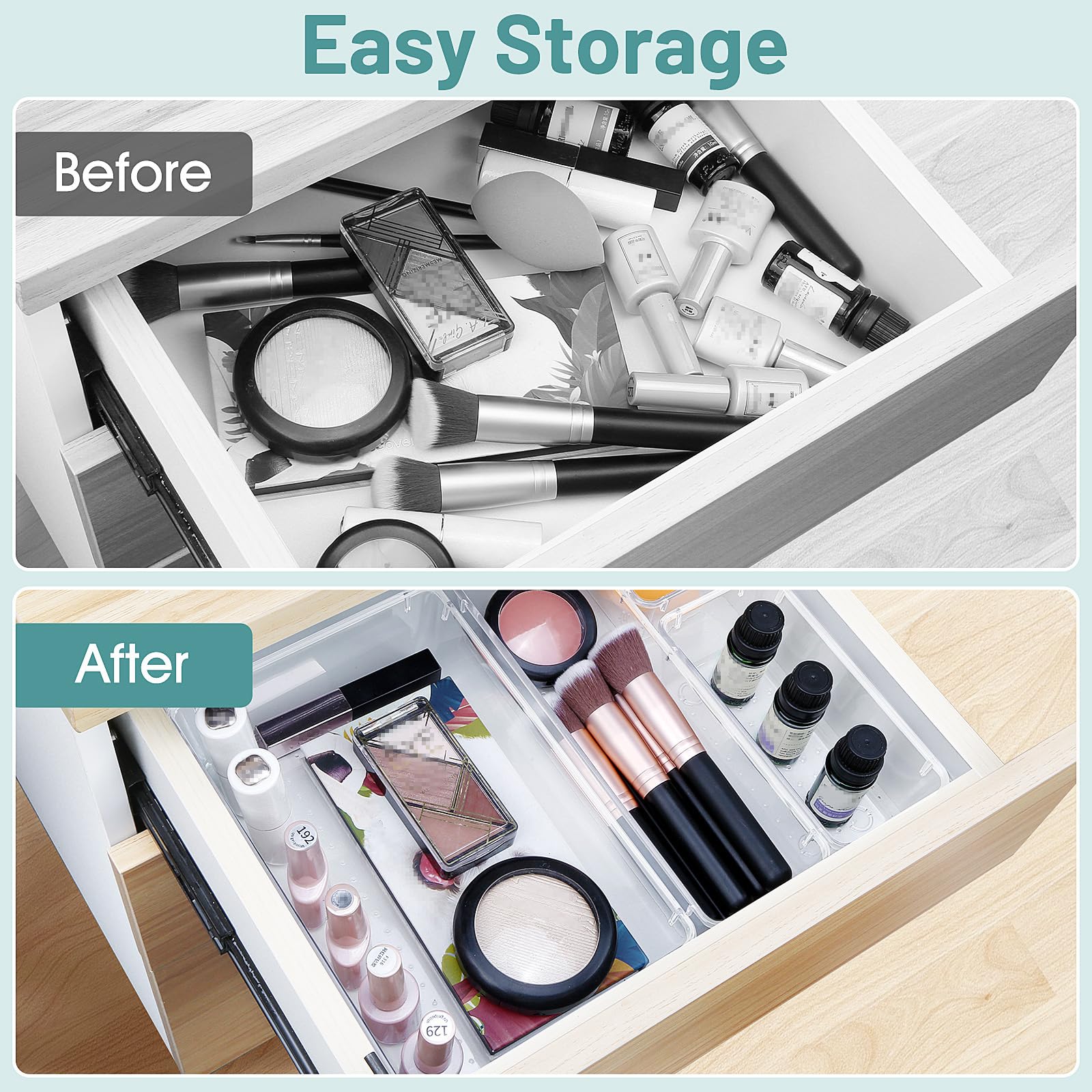 WOWBOX 25 PCS Clear Plastic Drawer Organizer Set, 4 Sizes Desk Drawer Divider Organizers and Storage Bins for Makeup, Jewelry, G