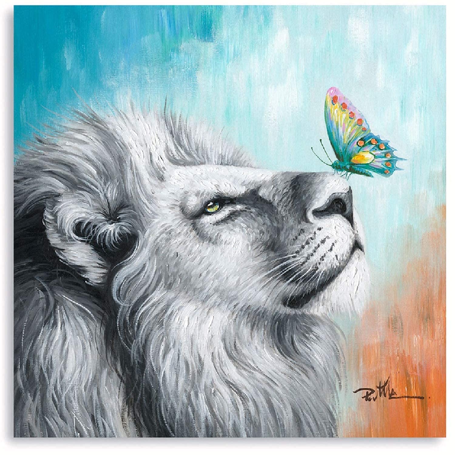 Ateliyishu Colorful Lion Wall Art Lion And Butterfly Canvas Wall Art Gray White Lion And Colorful Butterfly Pictures Wall Decor