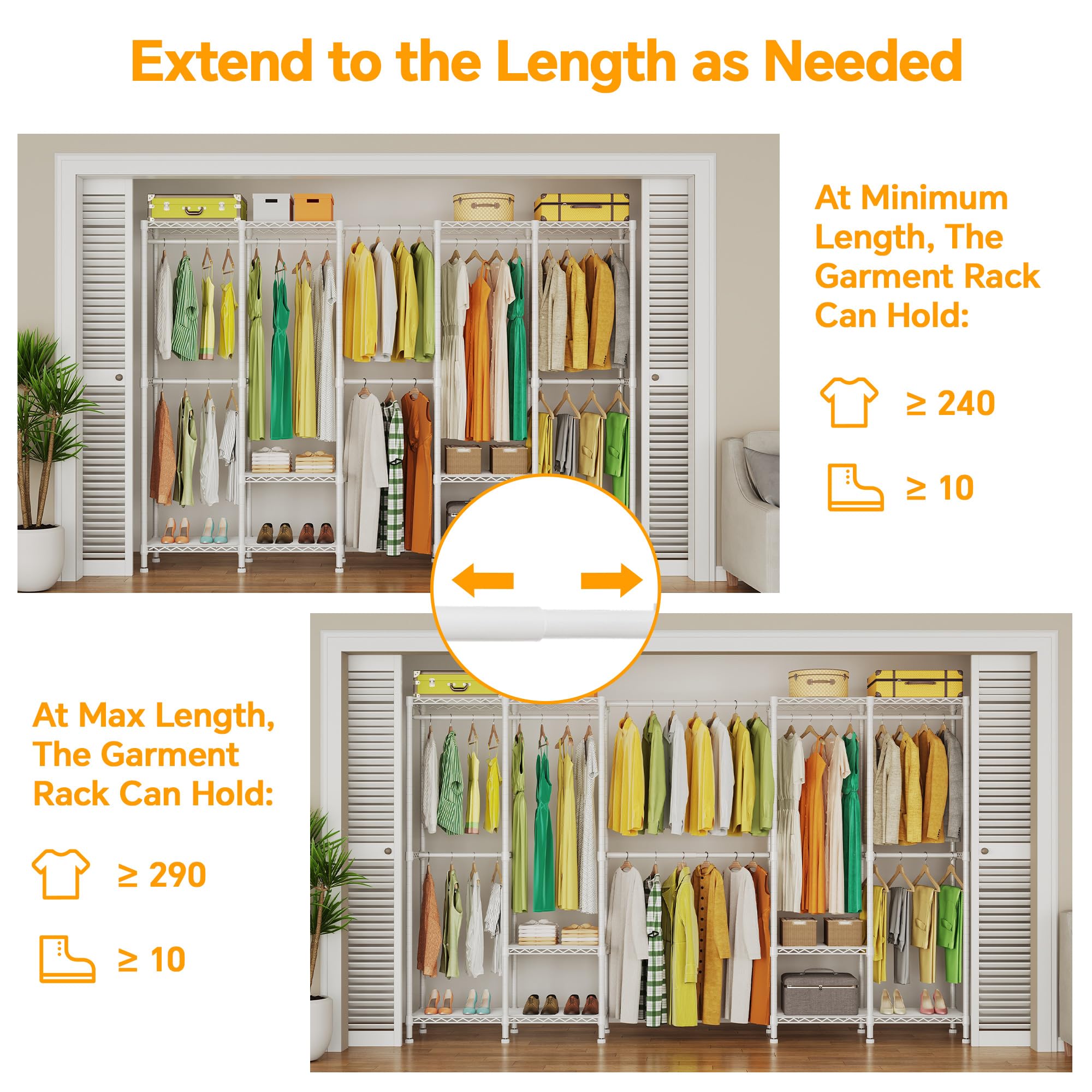 Higeego H5 Pro Heavy Duty Clothes Rack Wardrobe Closet For Hanging Clothes, Freestanding Garment Rack With Expandable Hanger Rod