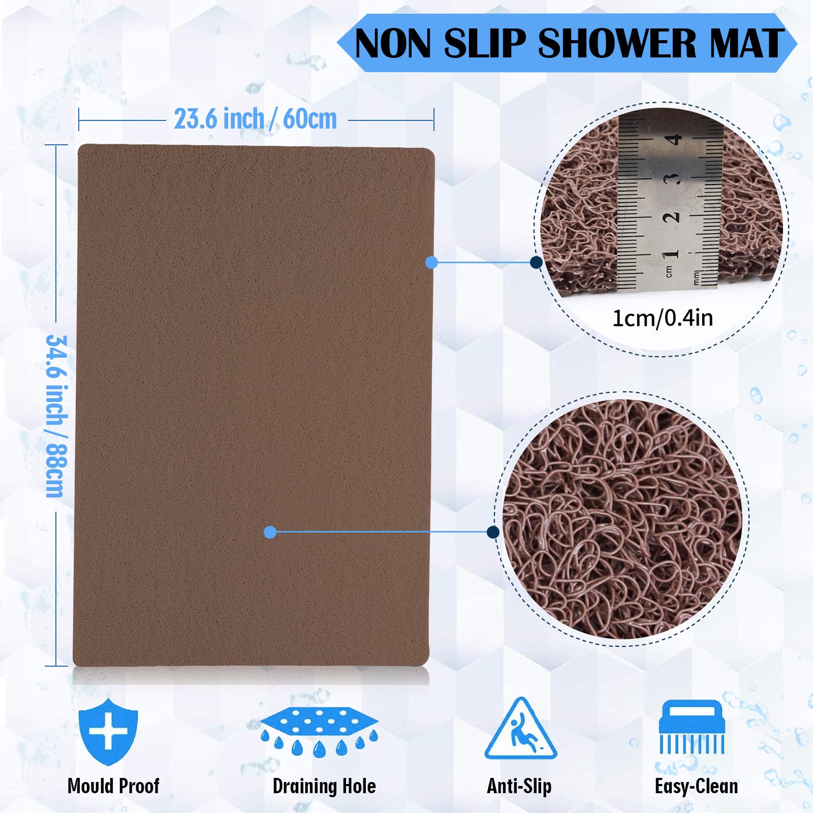 Shower Mats Non Slip, 23.6  34.6 Inch, Bath Mat For Shower, Loofah Mats For Shower And Bathroom, Quick Drying, Brown