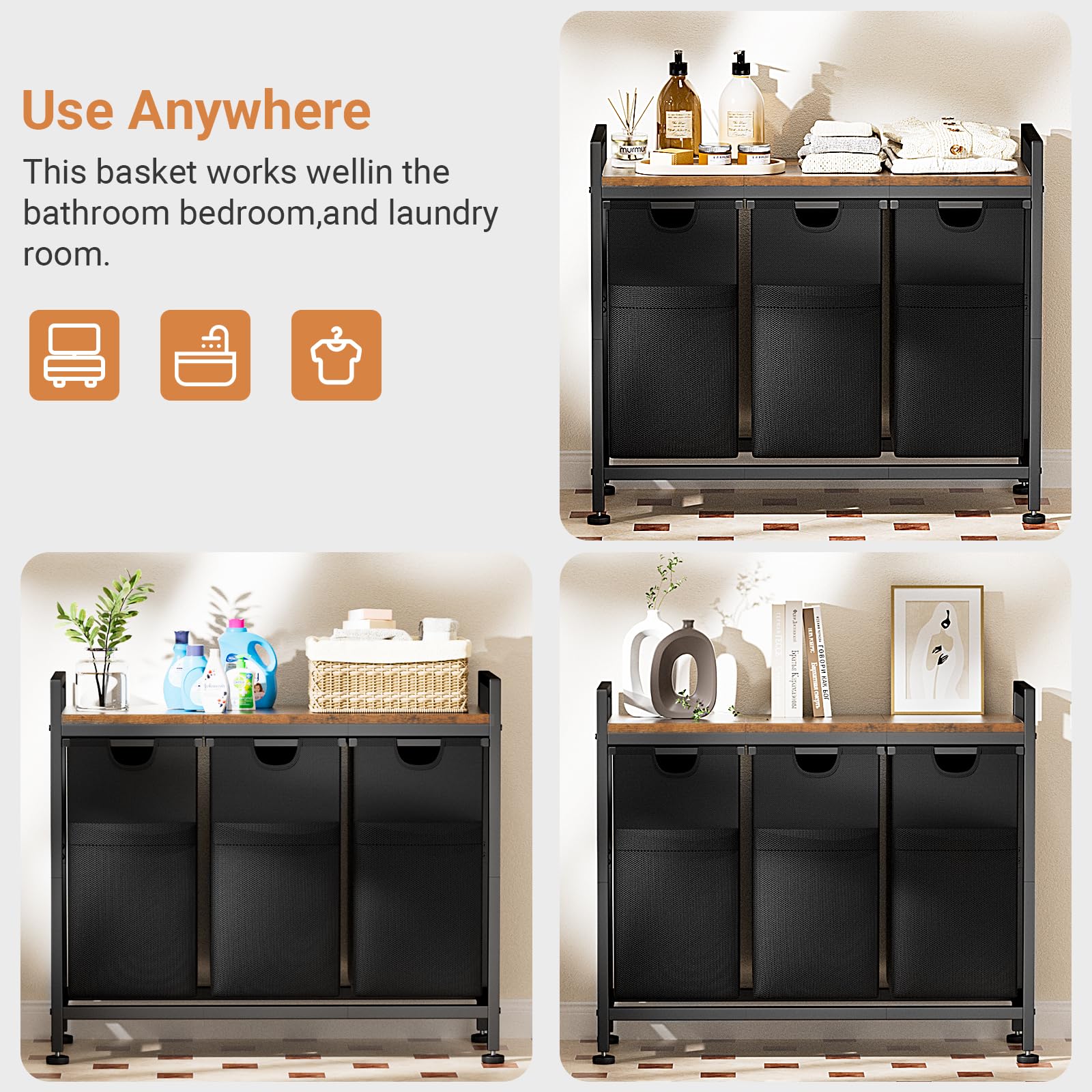 Lulive Laundry Hamper, Laundry Basket Organizer With 3 Pull-Out Removable Bags & Large Top Shelf, 3    12.5 Gal (142L) Freestand