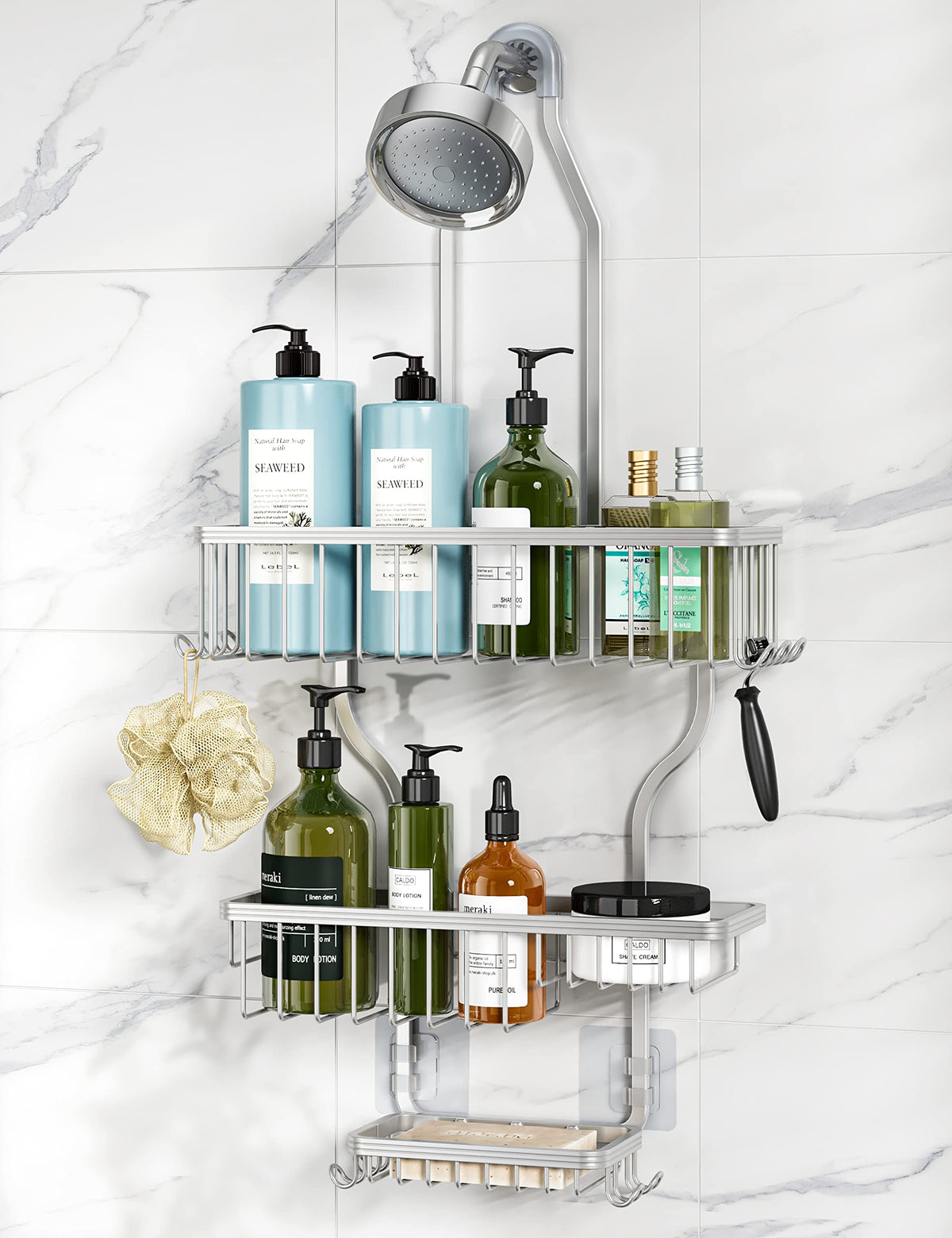 Yasonic Hanging Shower Caddy Over Shower Head With 10 Hooks For Razor/Sponge, Soap Basket Never Rust Aluminum, Large - Silver