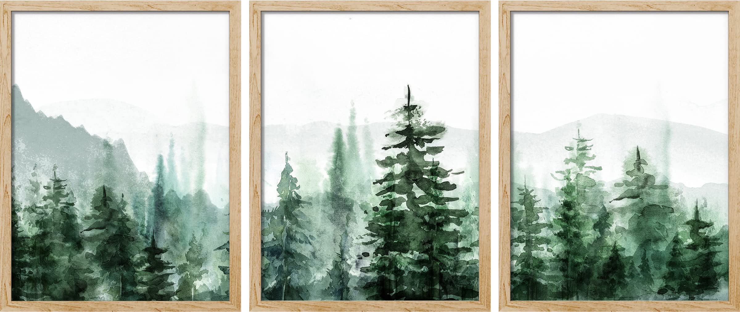 Signwin Framed Mountain Forest Wall Art, Set Of 3 Watercolor Pine Tree Wall Decor Prints, Nature Wilderness Wall D  Cor For Livi