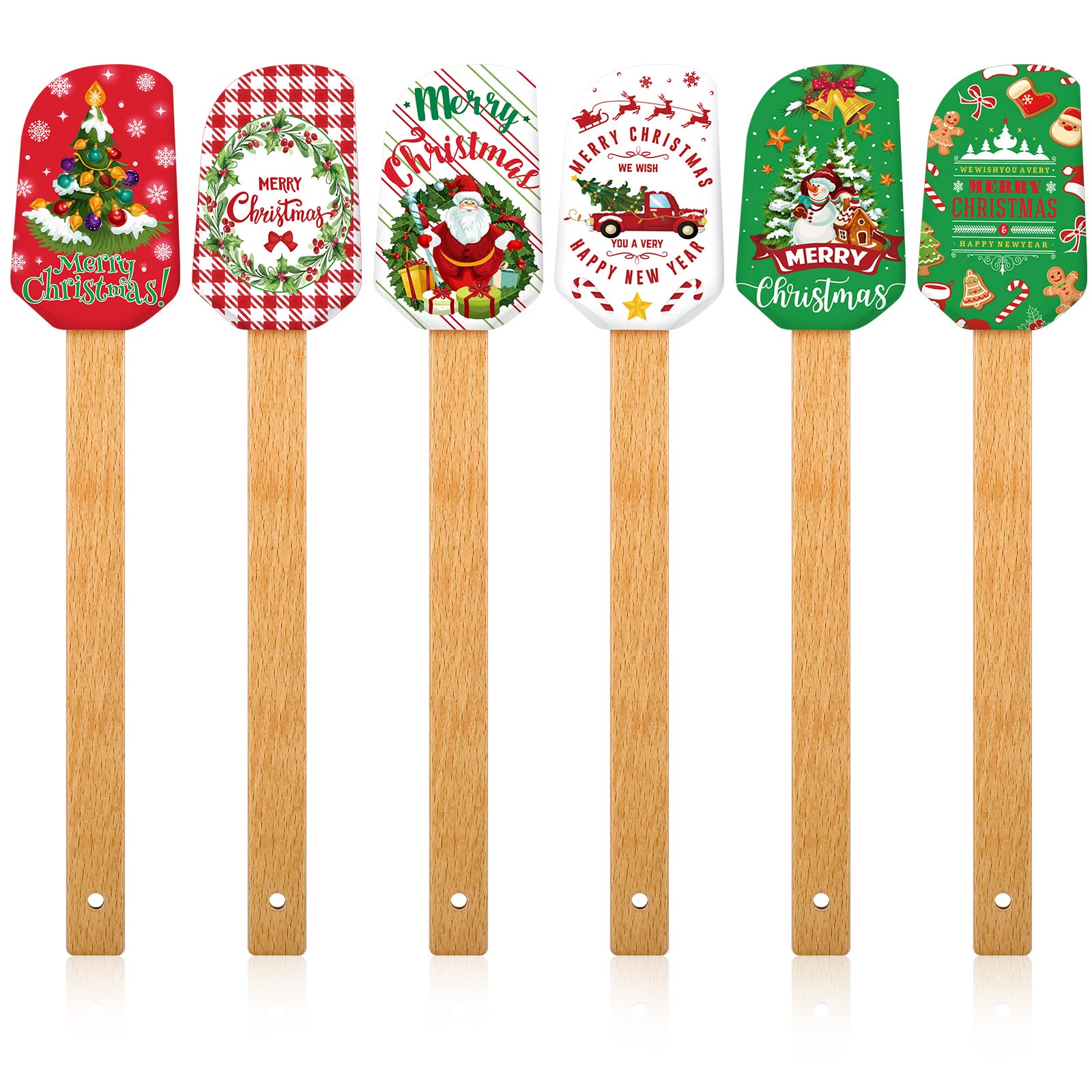6 Pieces Christmas Silicone Spatula Xmas Cake Spatula With Wooden Handle Snowmen Pancake Spatula Cute Pan Scraper Xmas Dish Scra