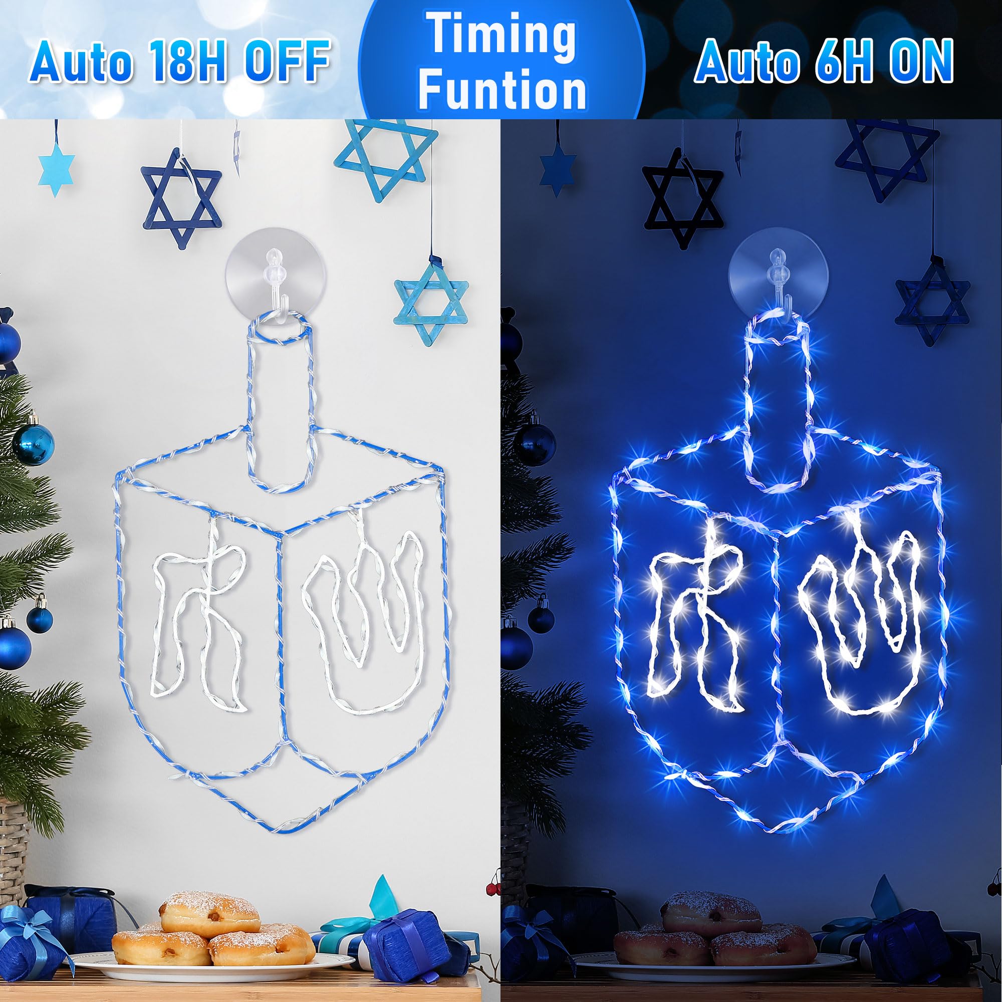 Hiboom Hanukkah Decorations Window Lights, Blue Chanukah Dreidel Lights Decorations, USB Powered Remote Control 8 Modes with Tim