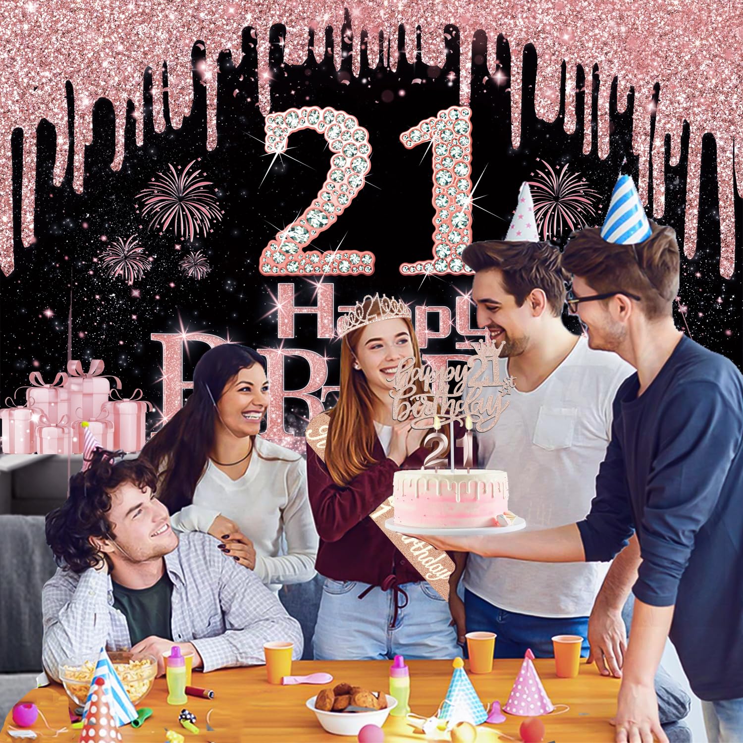 21St Birthday Decorations For Her With Banner, Rose Gold Tablecloth, Number Balloons, 21St Birthday Sash And Tiara, Cake Topper