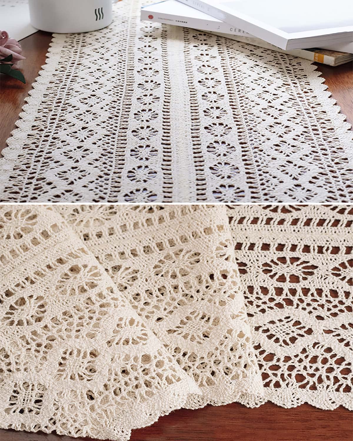 Table Runner 10 X 69 Inches, Woven Cotton Crochet Lace Boho Table Runners With Tassels For Home Dining Table, Farmhouse Style D