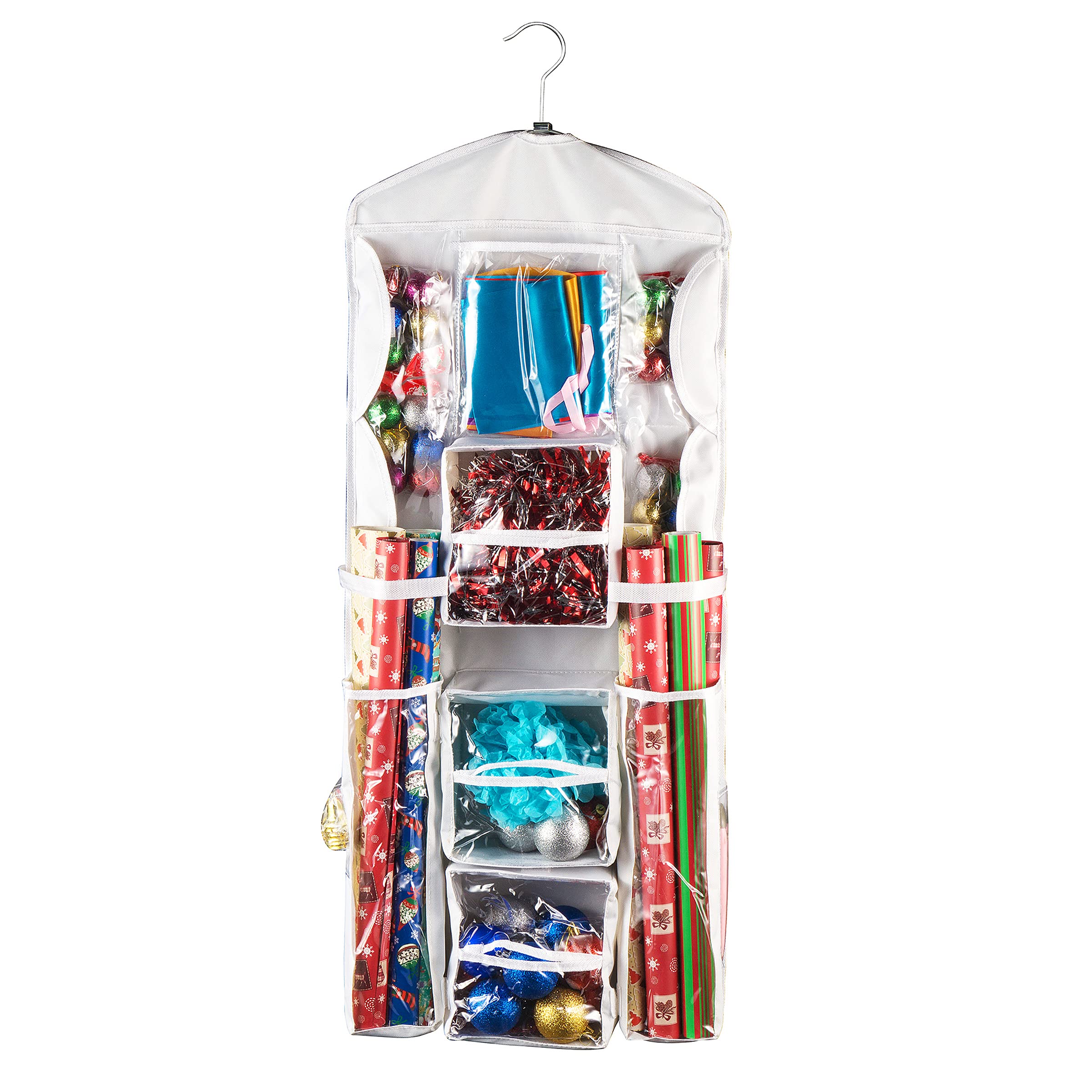 Wrapping Paper Storage Organizer- Dual Sided Hanging Gift Wrap Station- Clear Compartments For 30    Rolls, Ribbon, Bows, Gift B