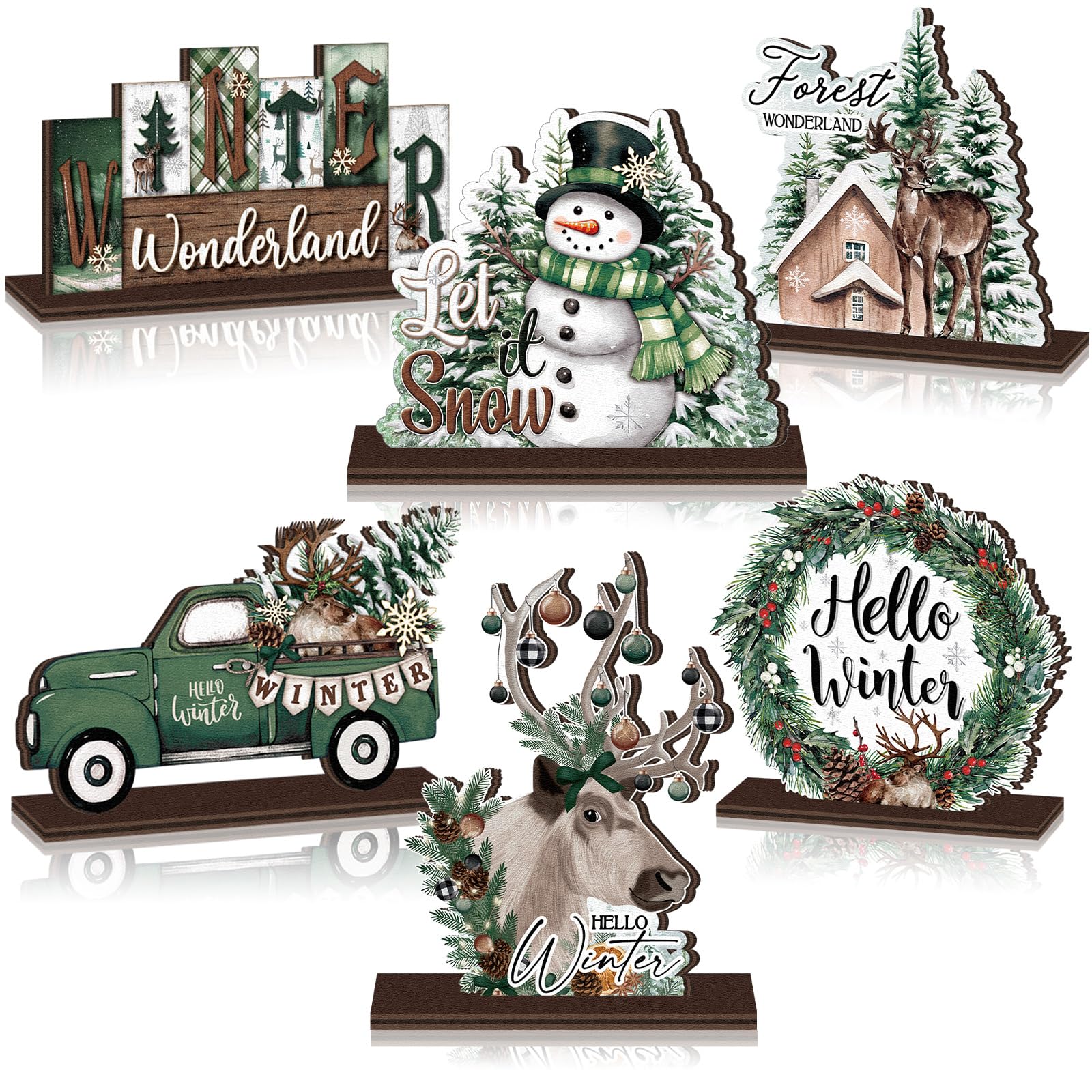 Yuntau 6 Pcs Winter Wonderland Wooden Table Decorations Christmas Wood Tabletop Sign Centerpiece Rustic Decorations for Office F