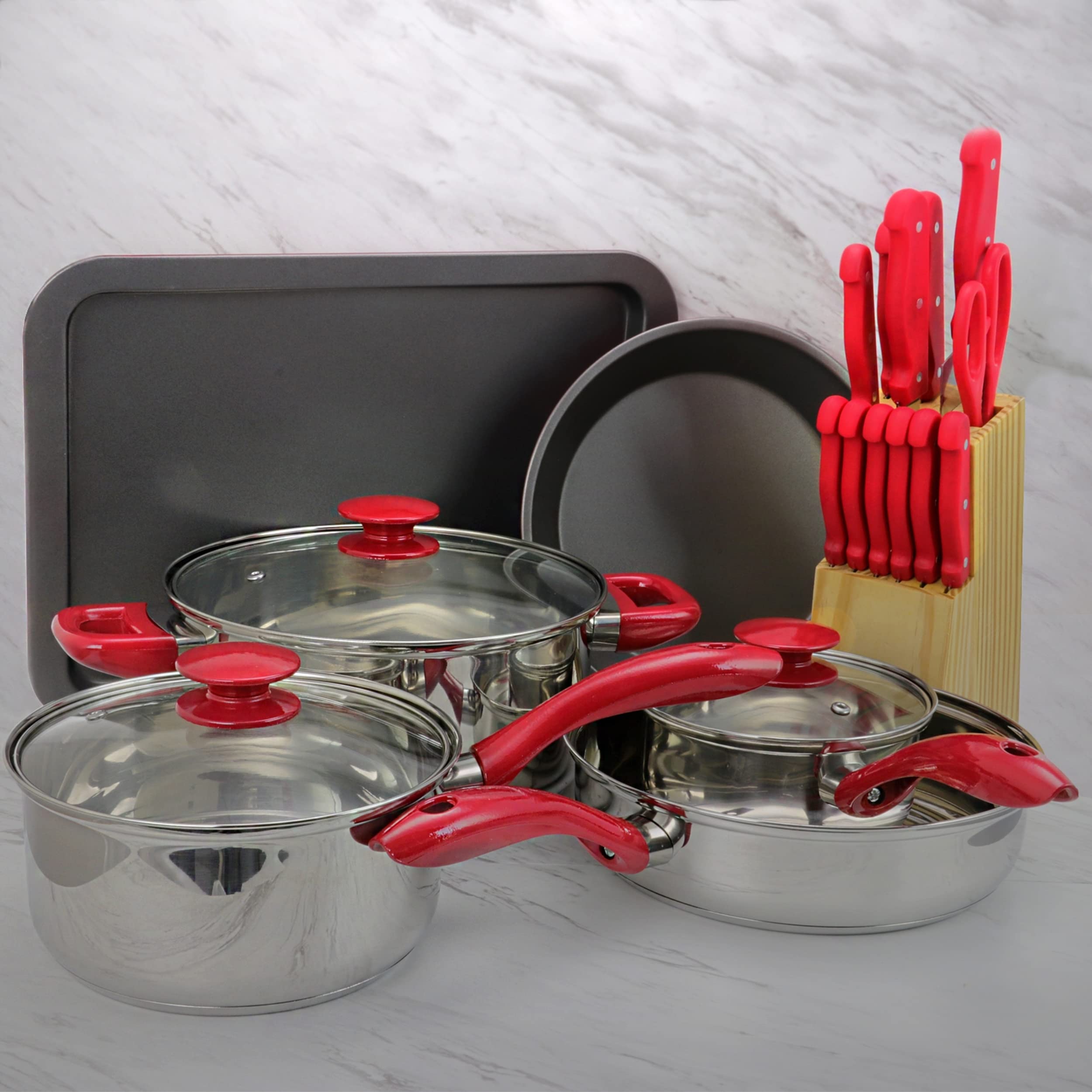Megachef 22 Piece Cookware Combo Set, Red and Silver (MC-CS2200)