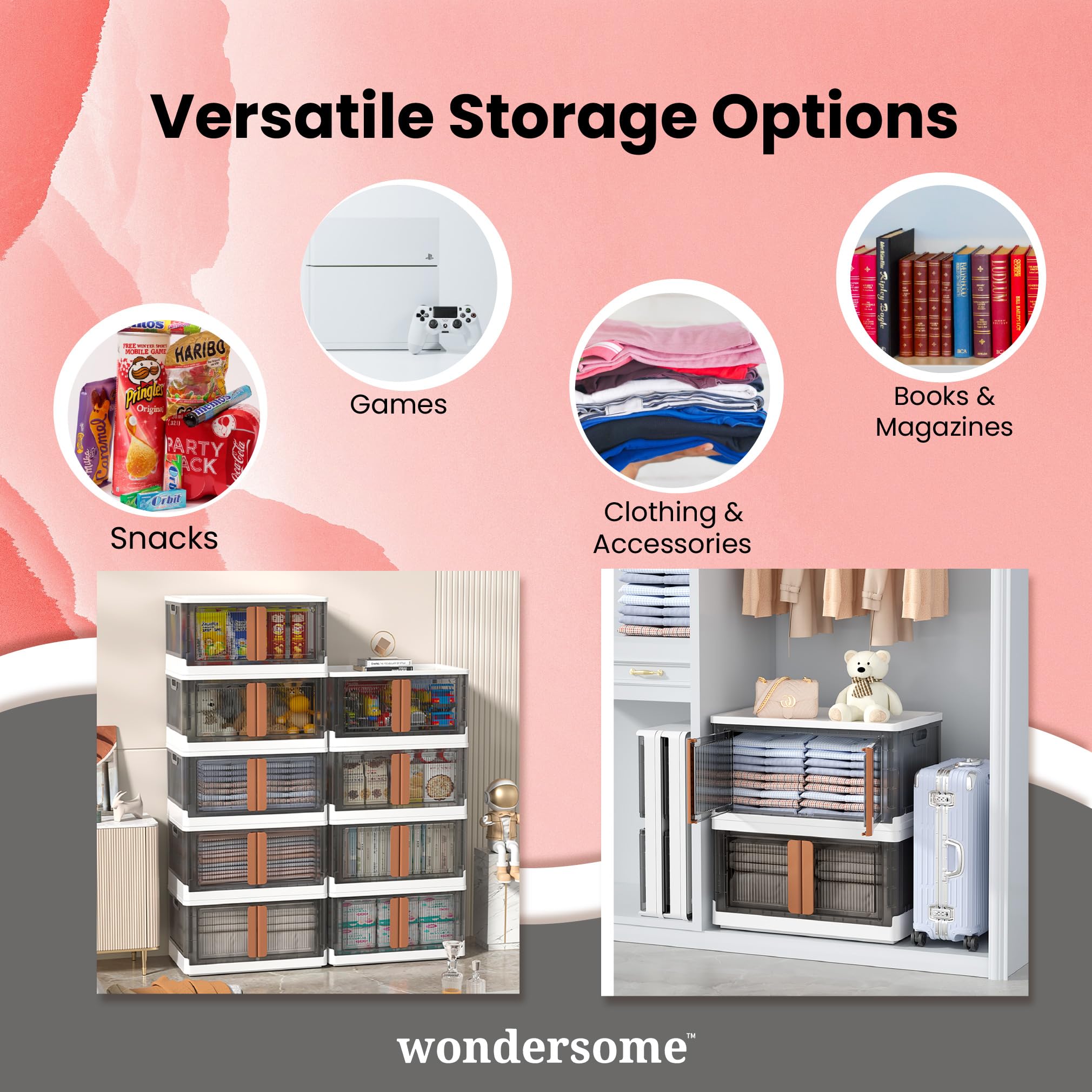 Wondersome Collapsible Storage Bins - 6-Pack Of Extra-Large 19-Gallon/76-Quart Stackable Wheeled Clothing, Shoe, Bedroom, Office