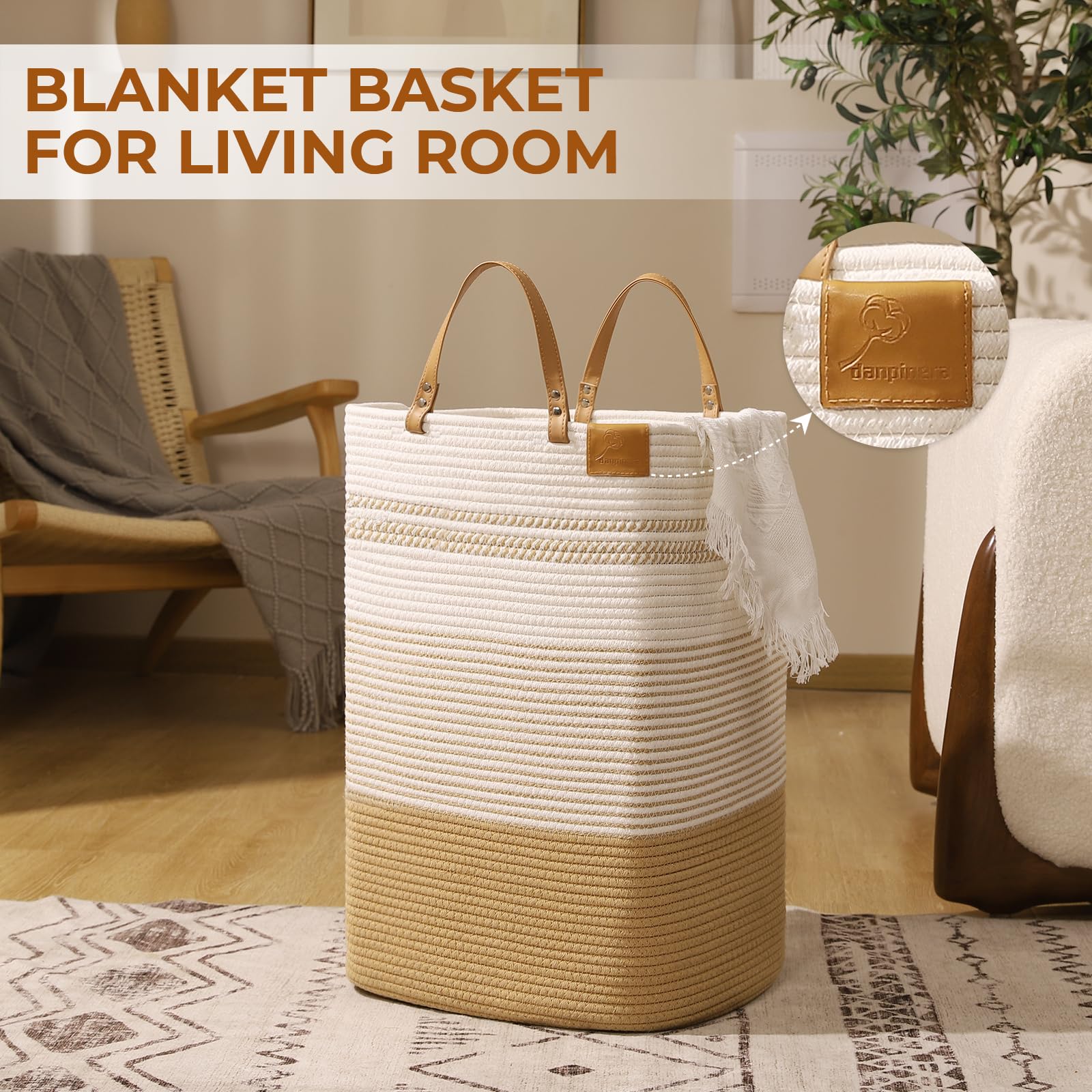 Danpinera Large Laundry Hamper - 75L Tall Woven Cotton Storage Basket With Leather Handles, Slim Dirty Clothes Hamper, Decorativ