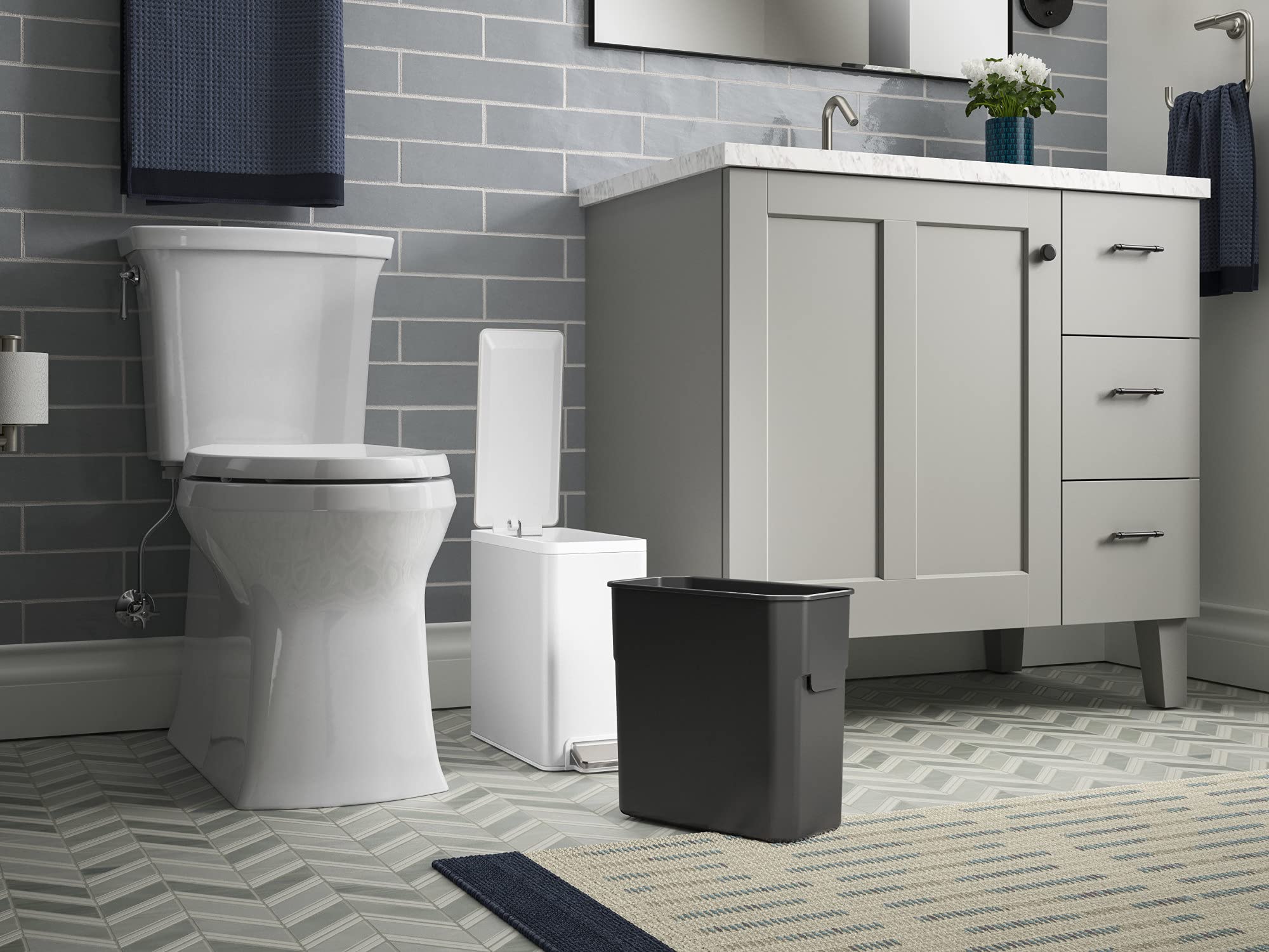 KOHLER 20957-STW 2.5 Gallon Slim Step Trash Can  Bathroom Trash Can with Soft-Close Foot Pedal  White with Stainless Steel