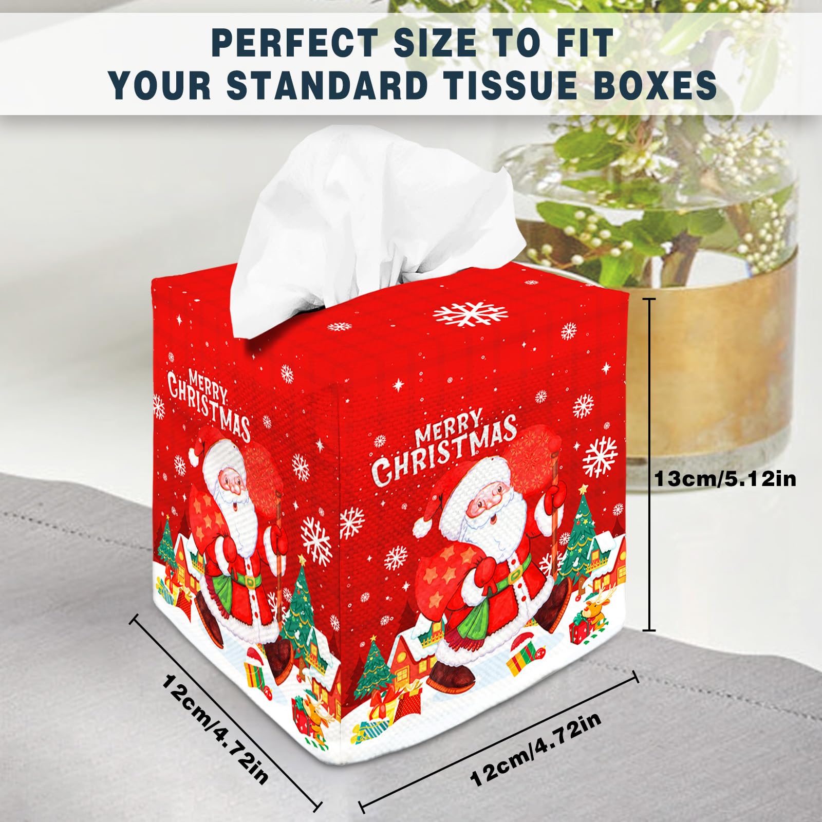 Tissue Box Cover Square Canvas Decorative Tissue Box Holder Cute Funny Cube Tissue Case Cover-Xmas Decor Christmas Santa Claus T